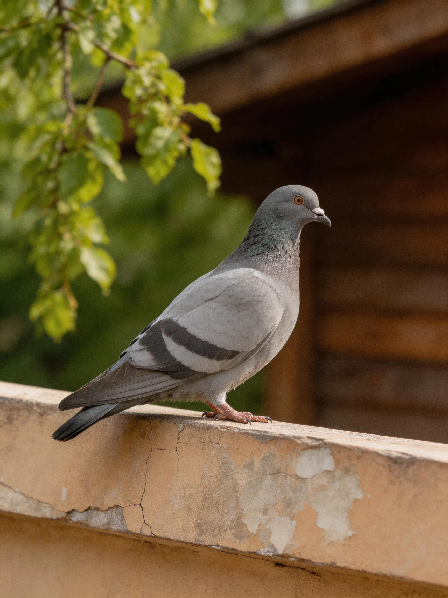 A gray pigeon stands on a cracked concrete ledge beside green leaves.