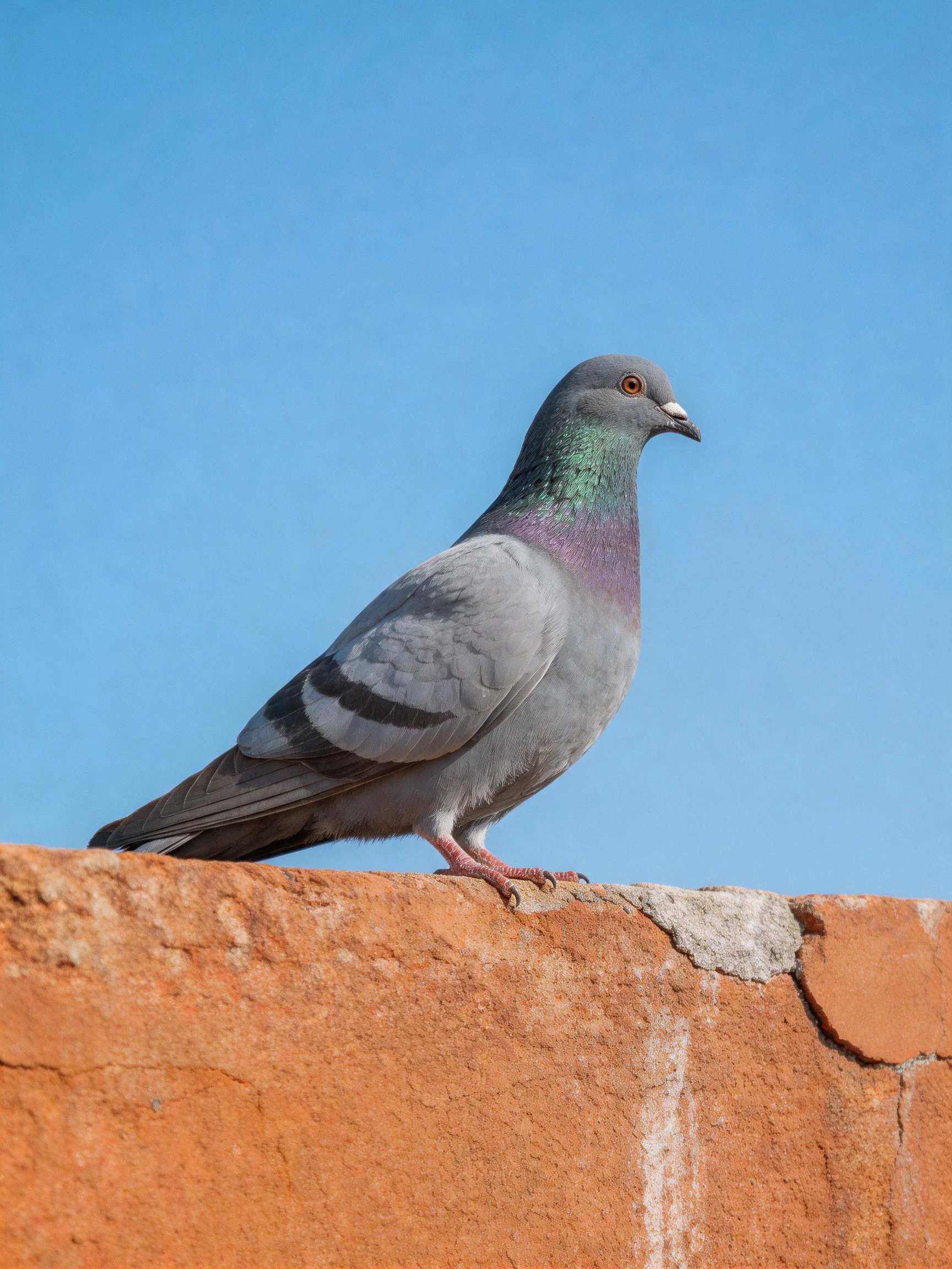 A gray pigeon perches on a weathered orange-brown brick wall under clear blue sky