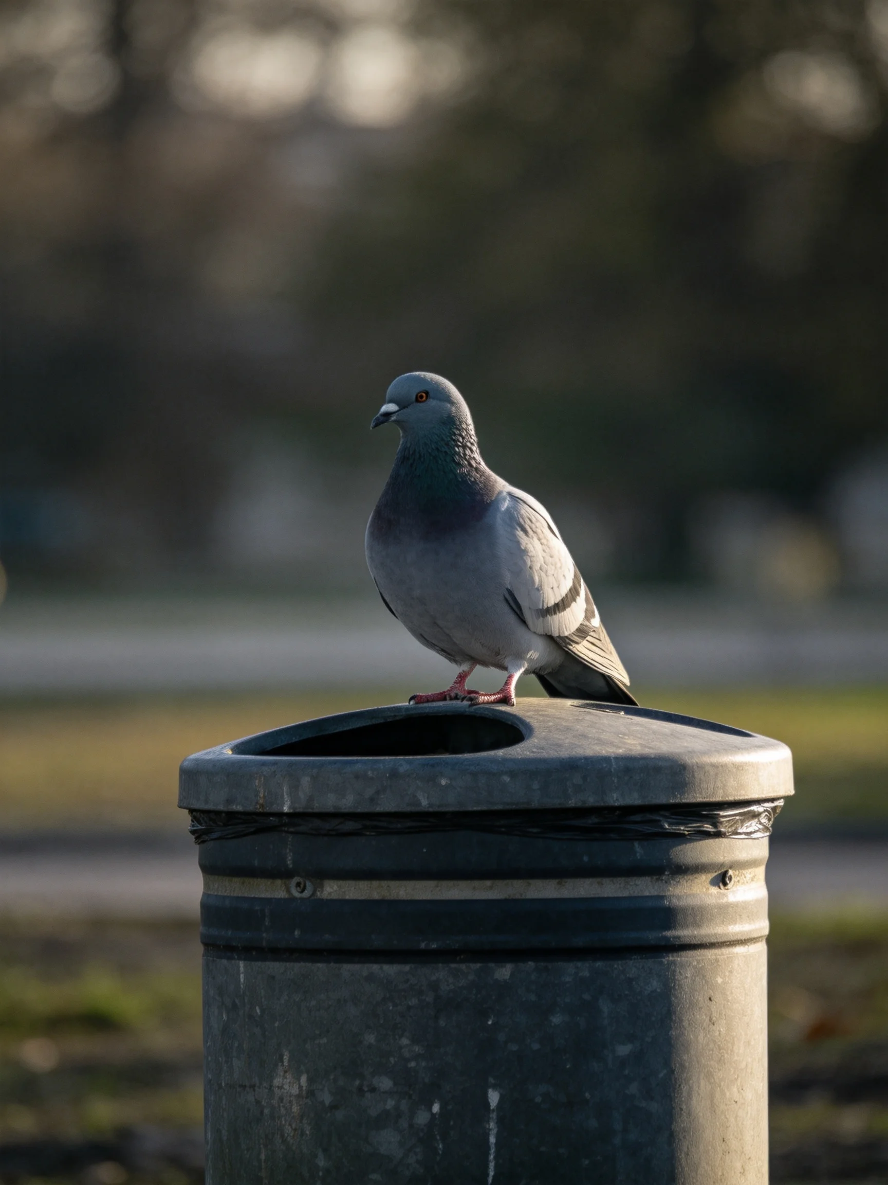 A gray pigeon rests on a weathered outdoor trash can.