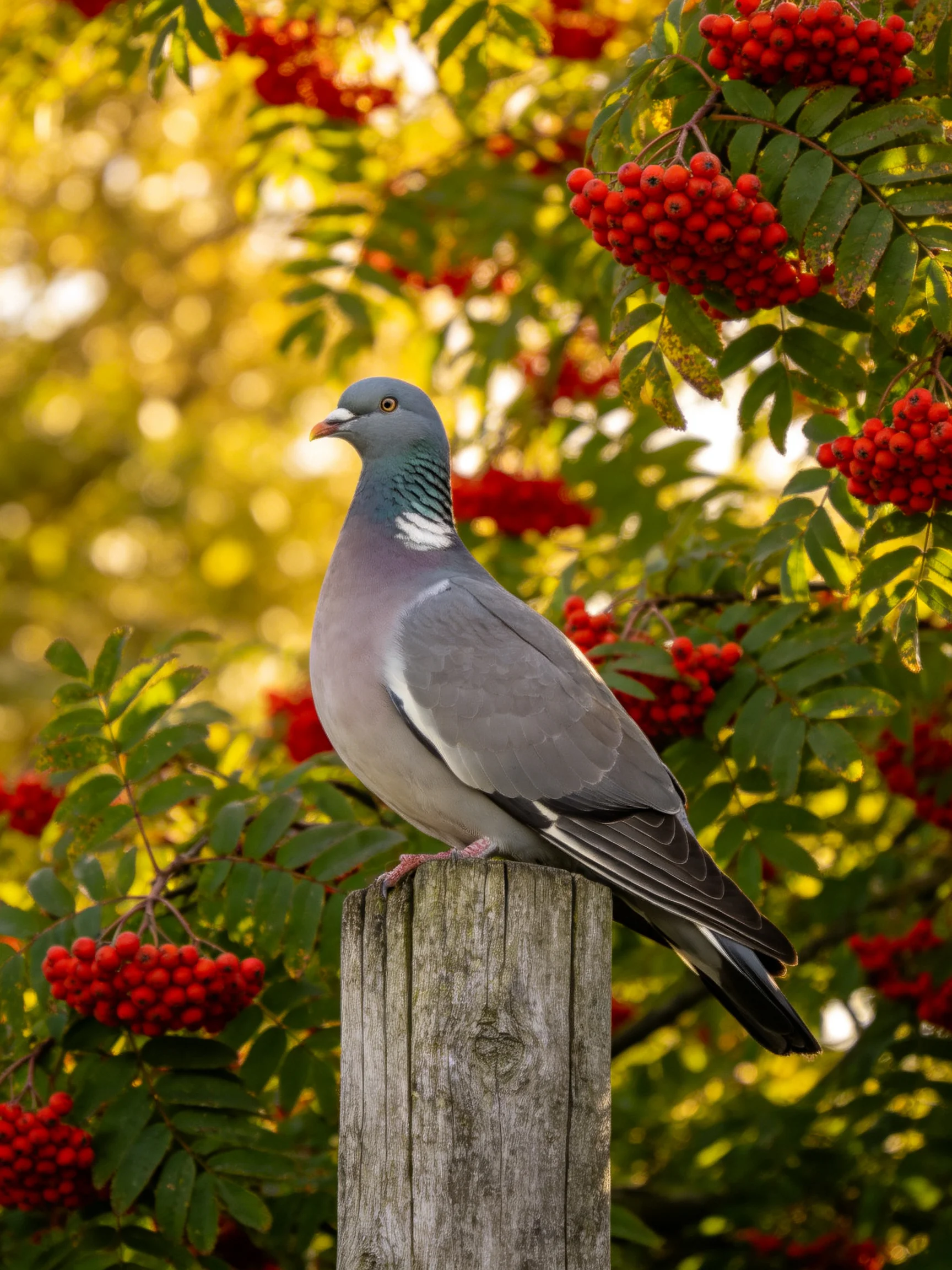 A gray pigeon perches on a weathered post amid red berry-filled foliage