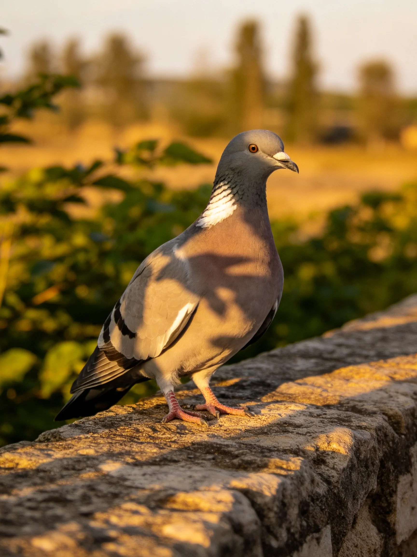 A gray pigeon stands on a stone ledge surrounded by greenery under warm sunlight.