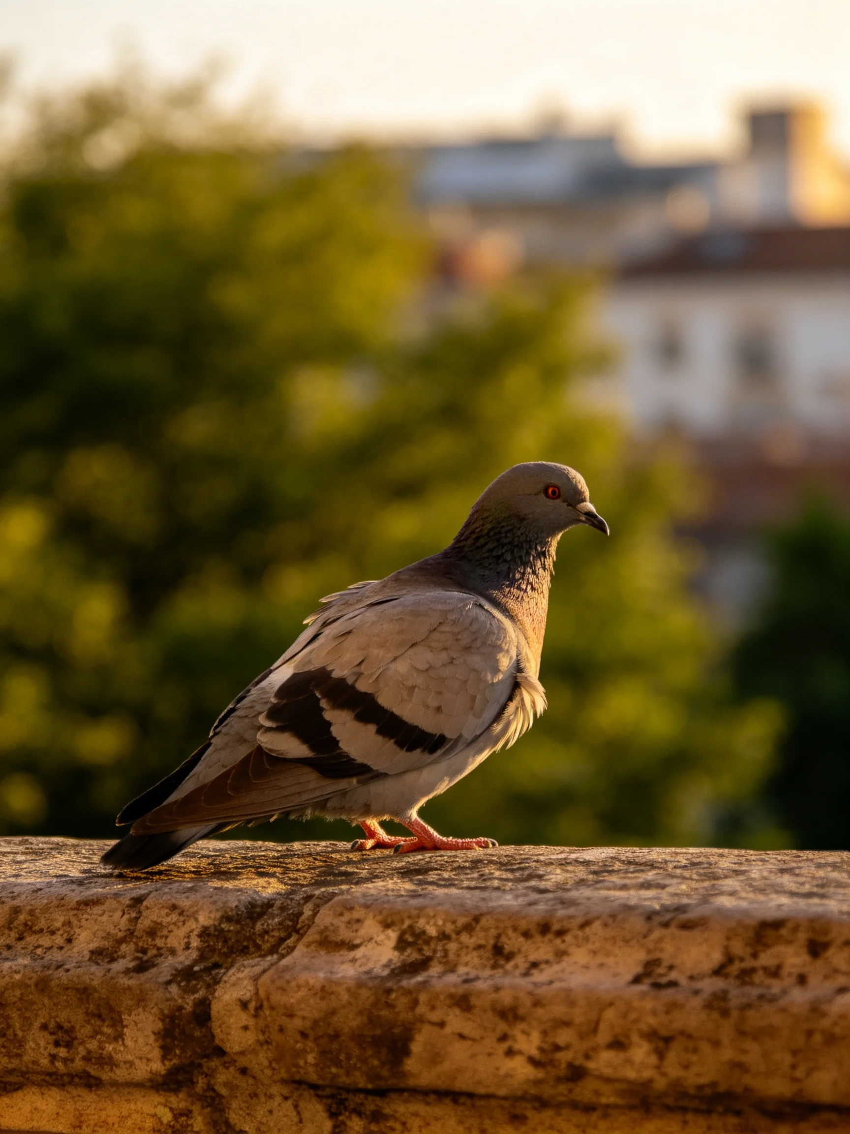 A gray pigeon perches on a weathered stone ledge amid green foliage