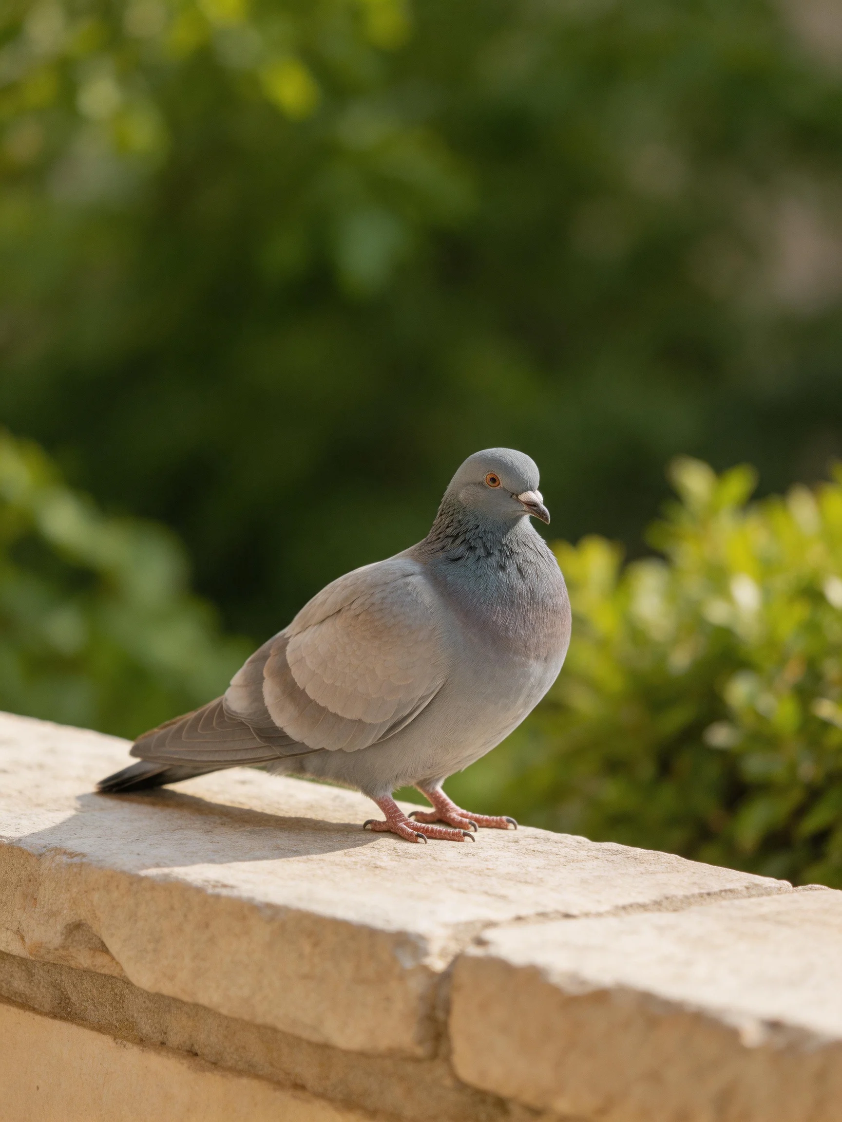 A gray pigeon perches on a weathered stone ledge near green bushes