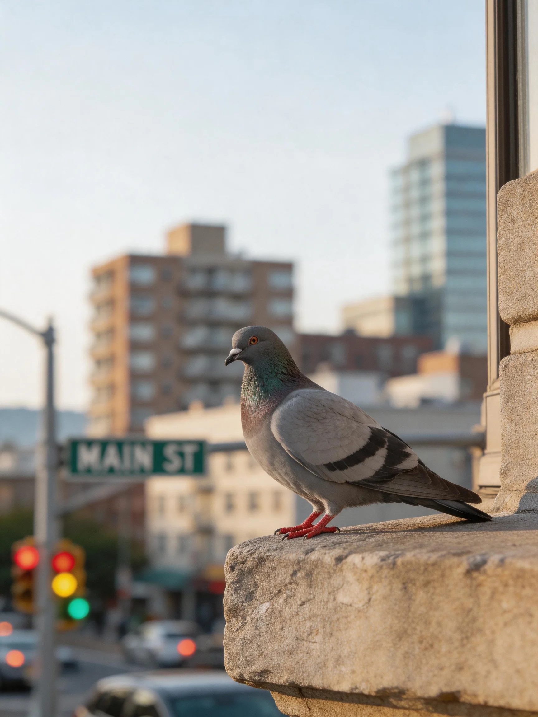 A pigeon sits on a stone ledge with a city street and buildings in the background