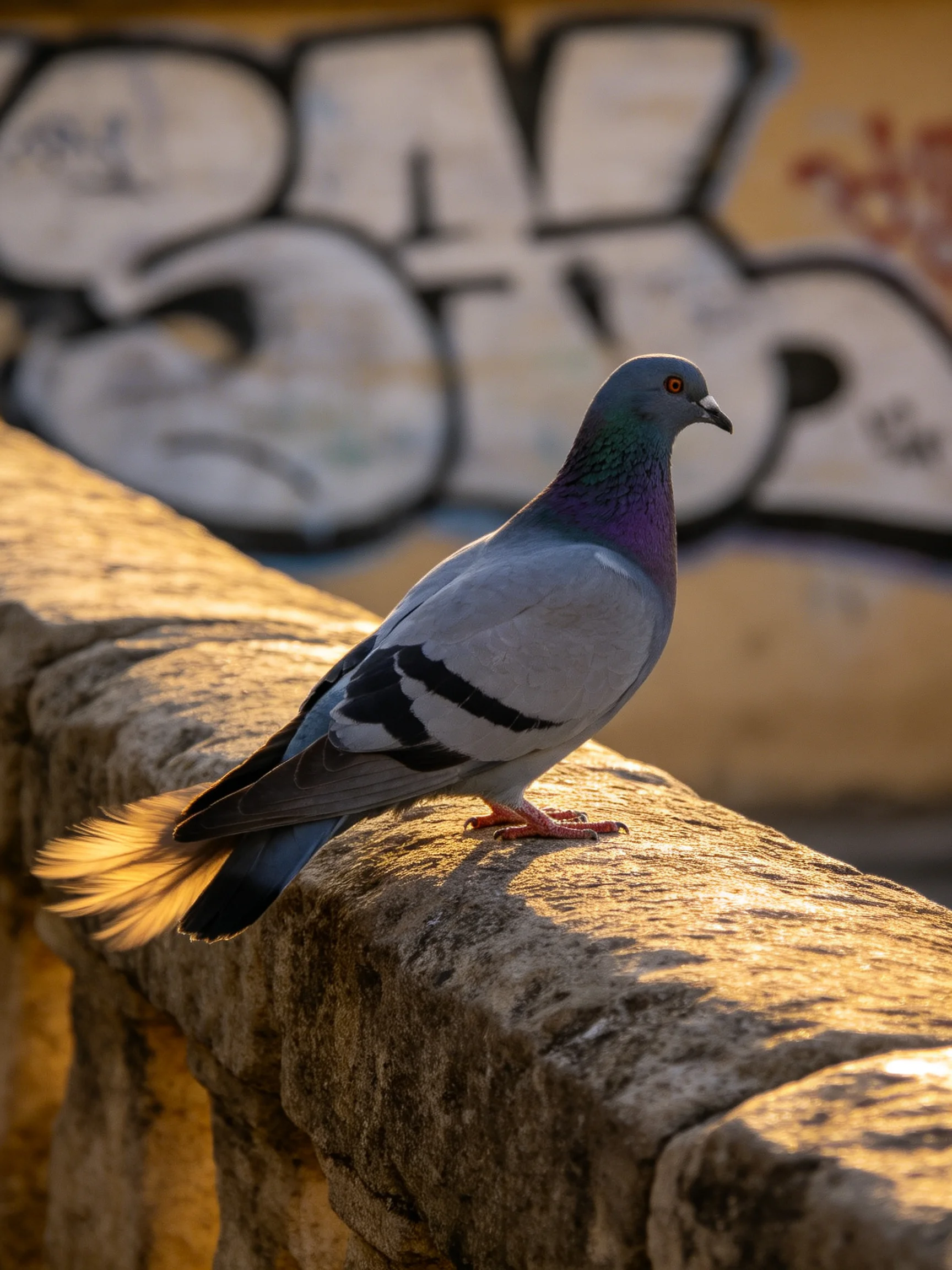 A gray pigeon sits on a stone ledge near graffiti artwork.