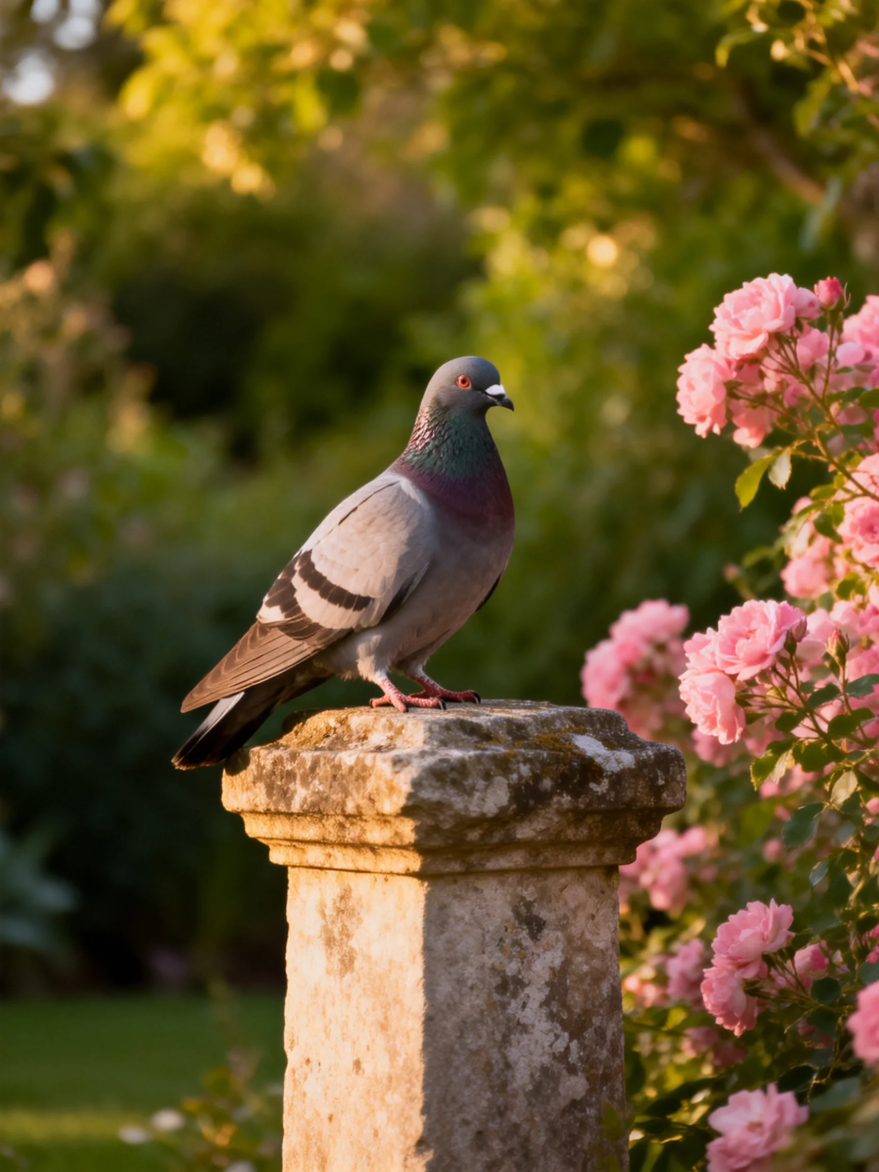 A gray pigeon perches on a weathered stone pedestal near blooming pink roses