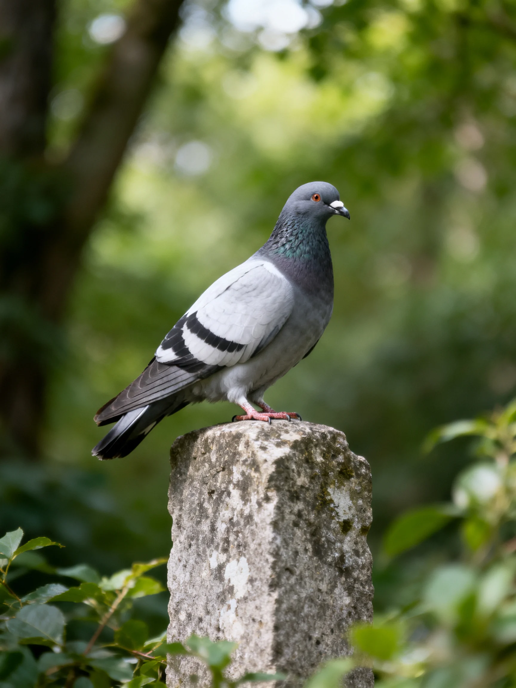 A gray pigeon rests on a weathered stone post in a verdant outdoor setting.
