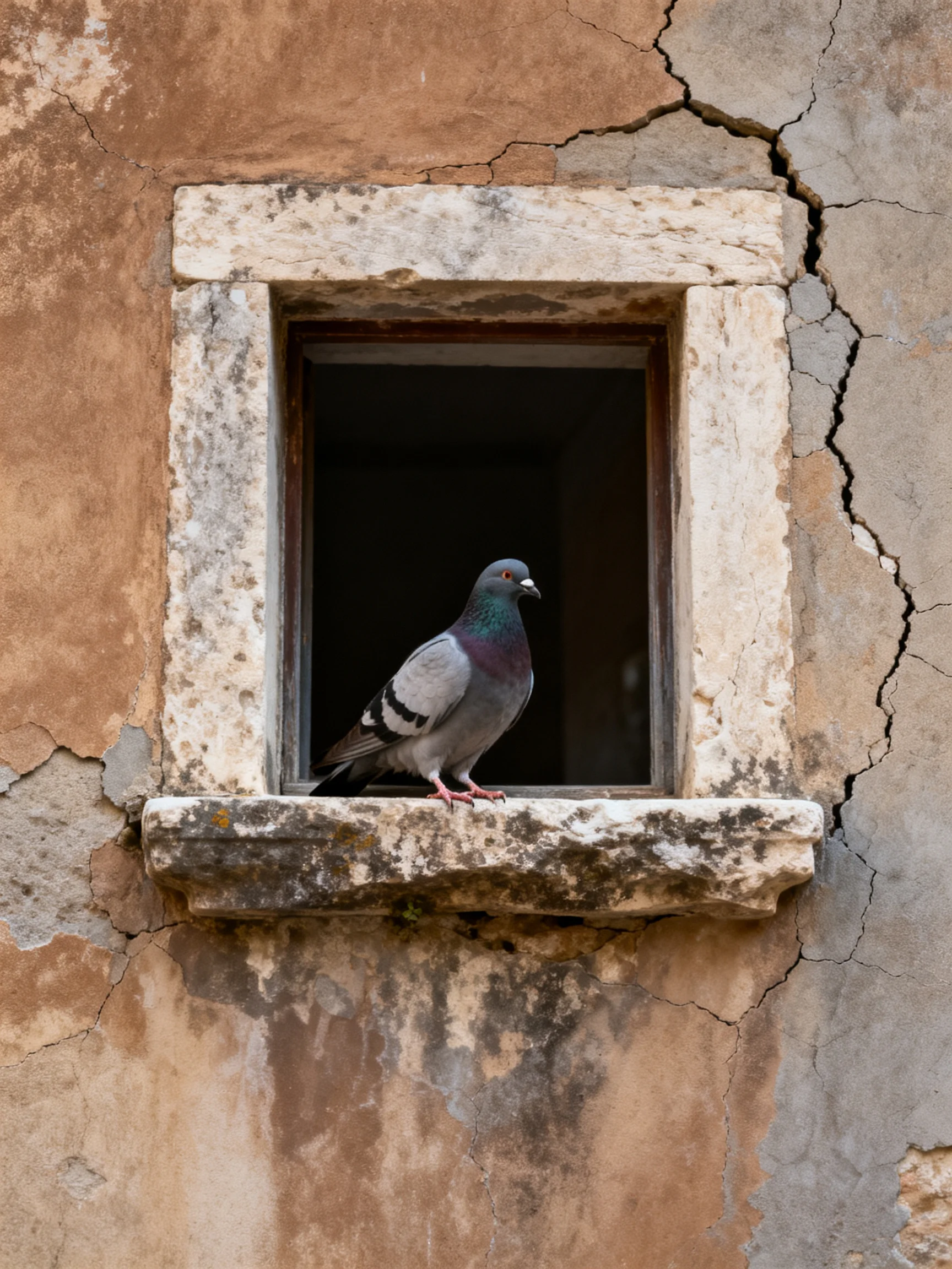 A gray pigeon perches on a weathered stone window ledge of an aged, cracked building