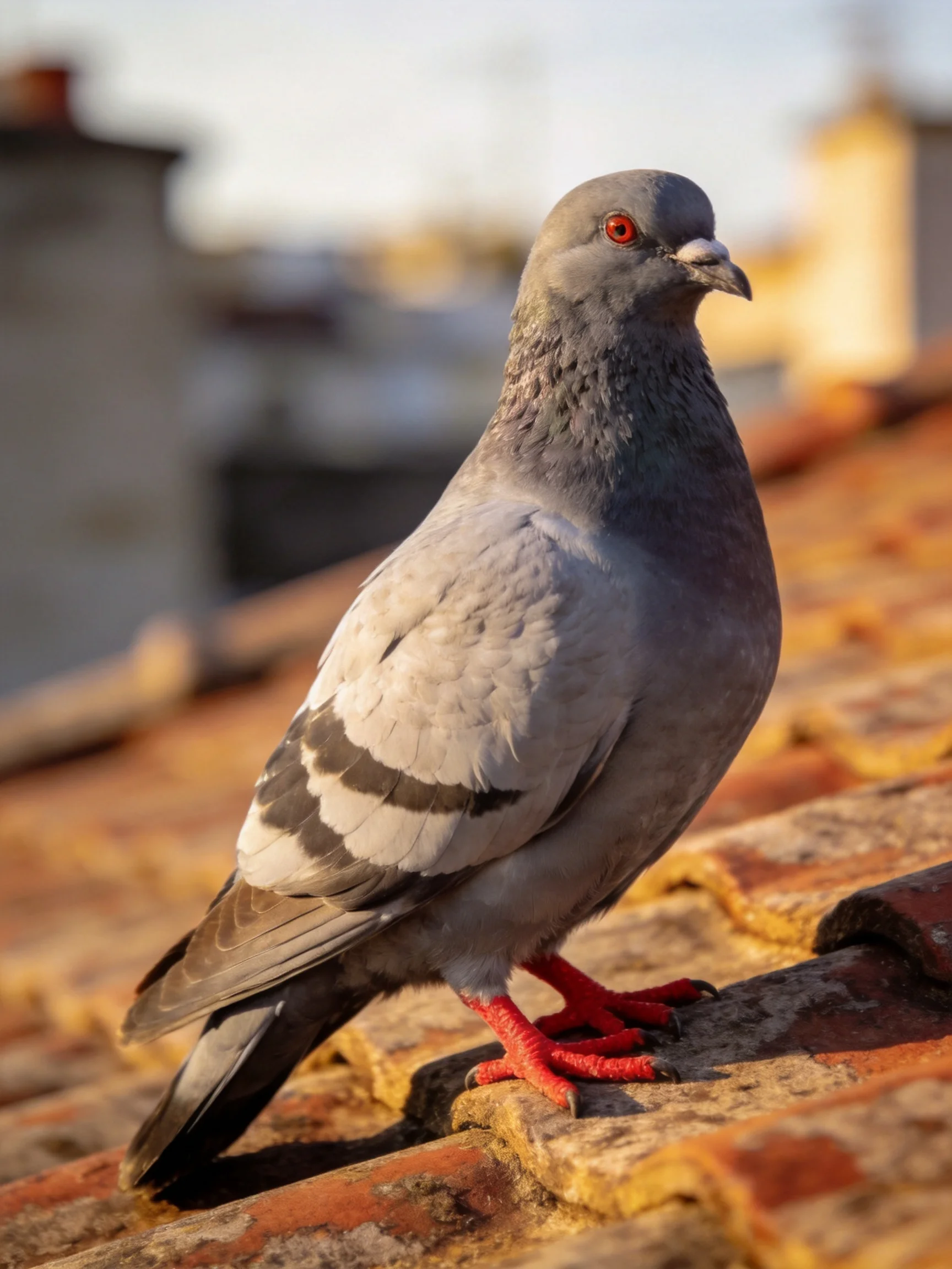 A gray pigeon perches on a weathered terracotta rooftop