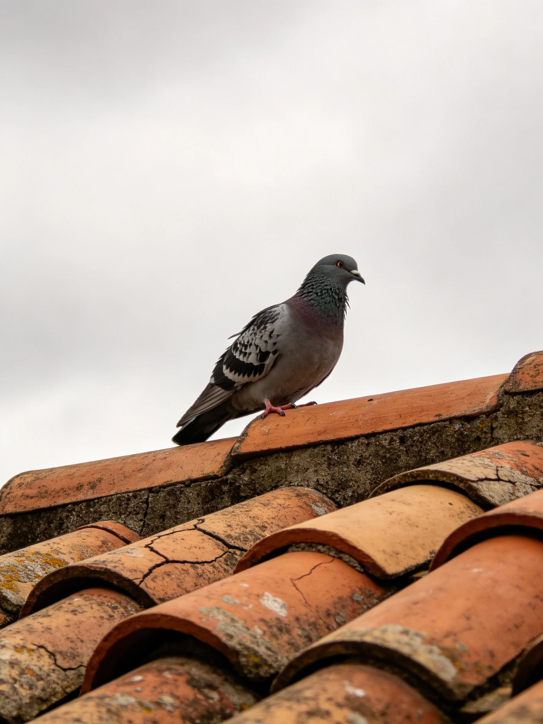 A gray pigeon stands on a weathered terracotta rooftop.