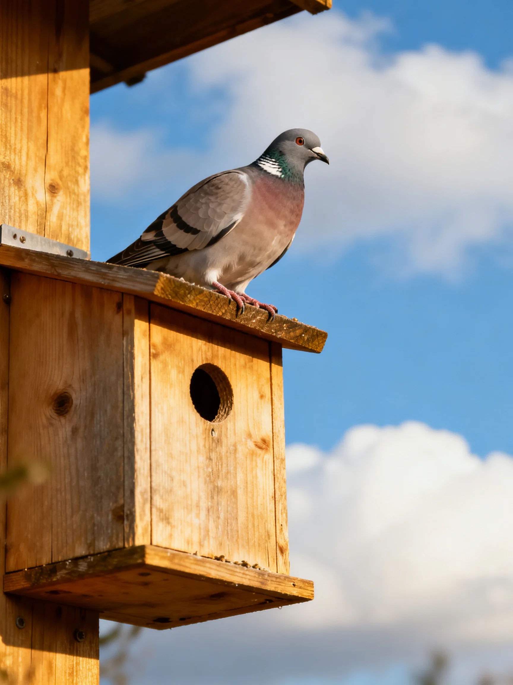 A pigeon sits atop a weathered wooden birdhouse under a blue sky.