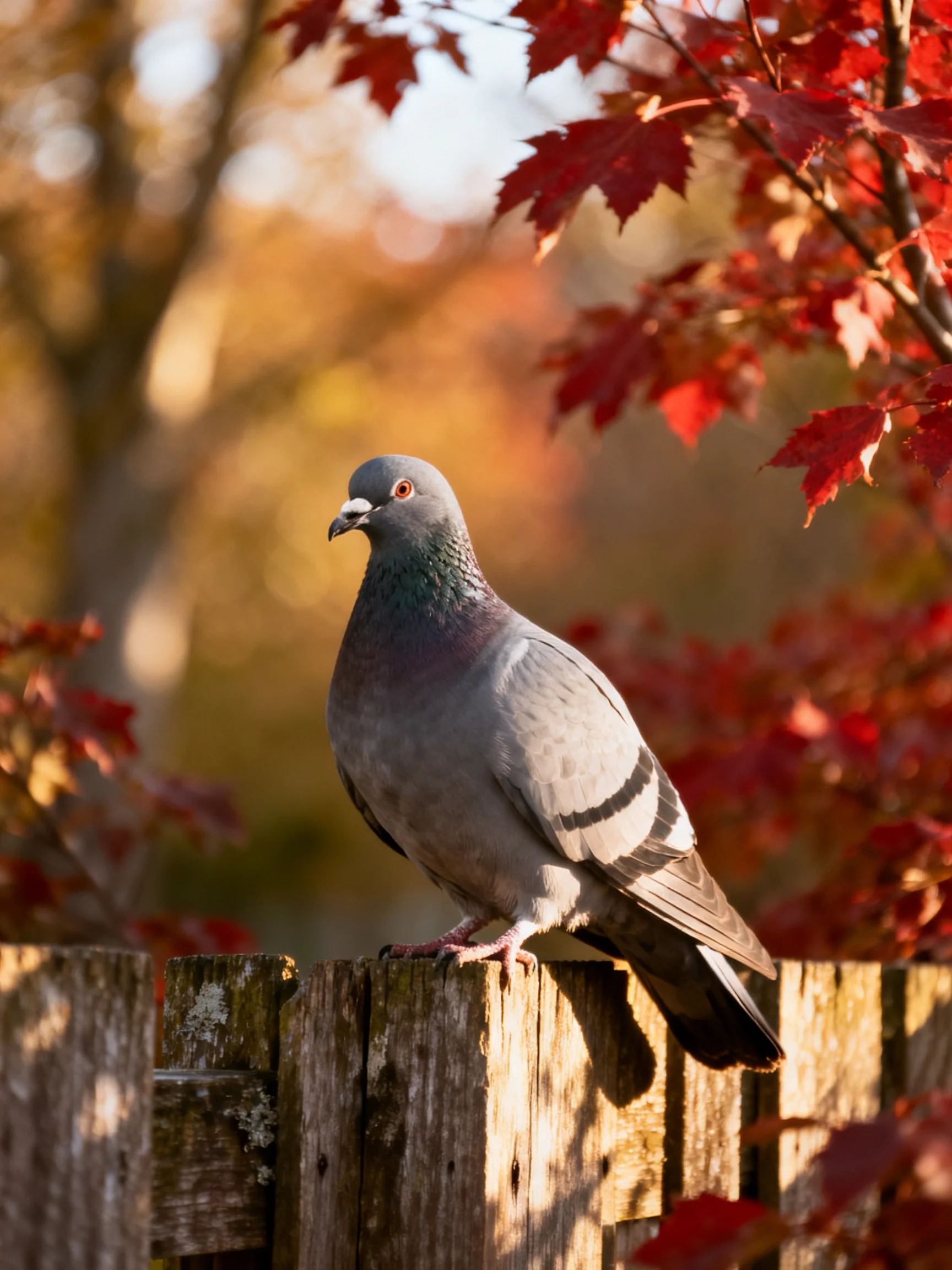 A gray pigeon perches on a weathered wooden fence amid red autumn foliage