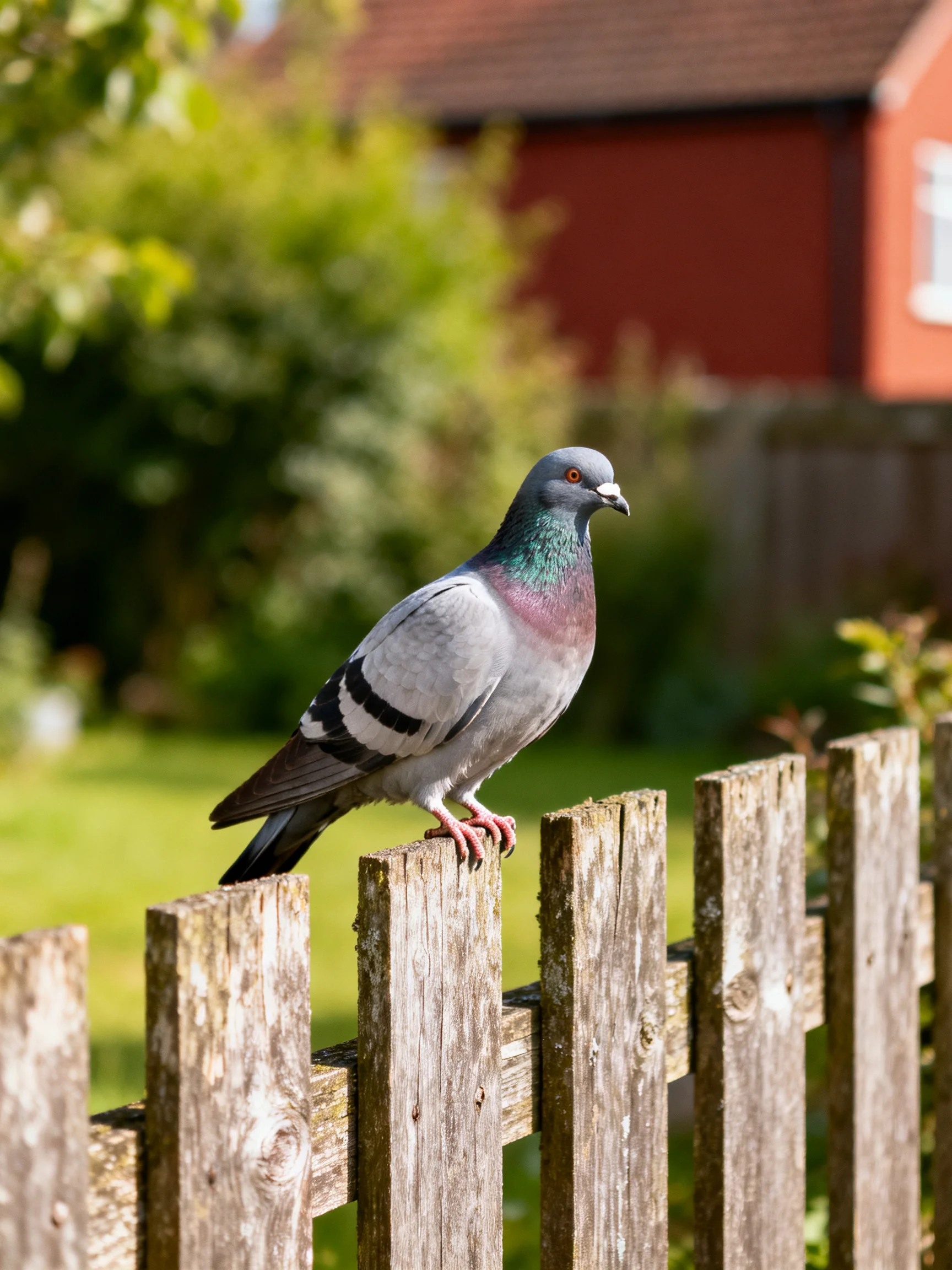 A gray pigeon perches on a weathered wooden fence near a red house
