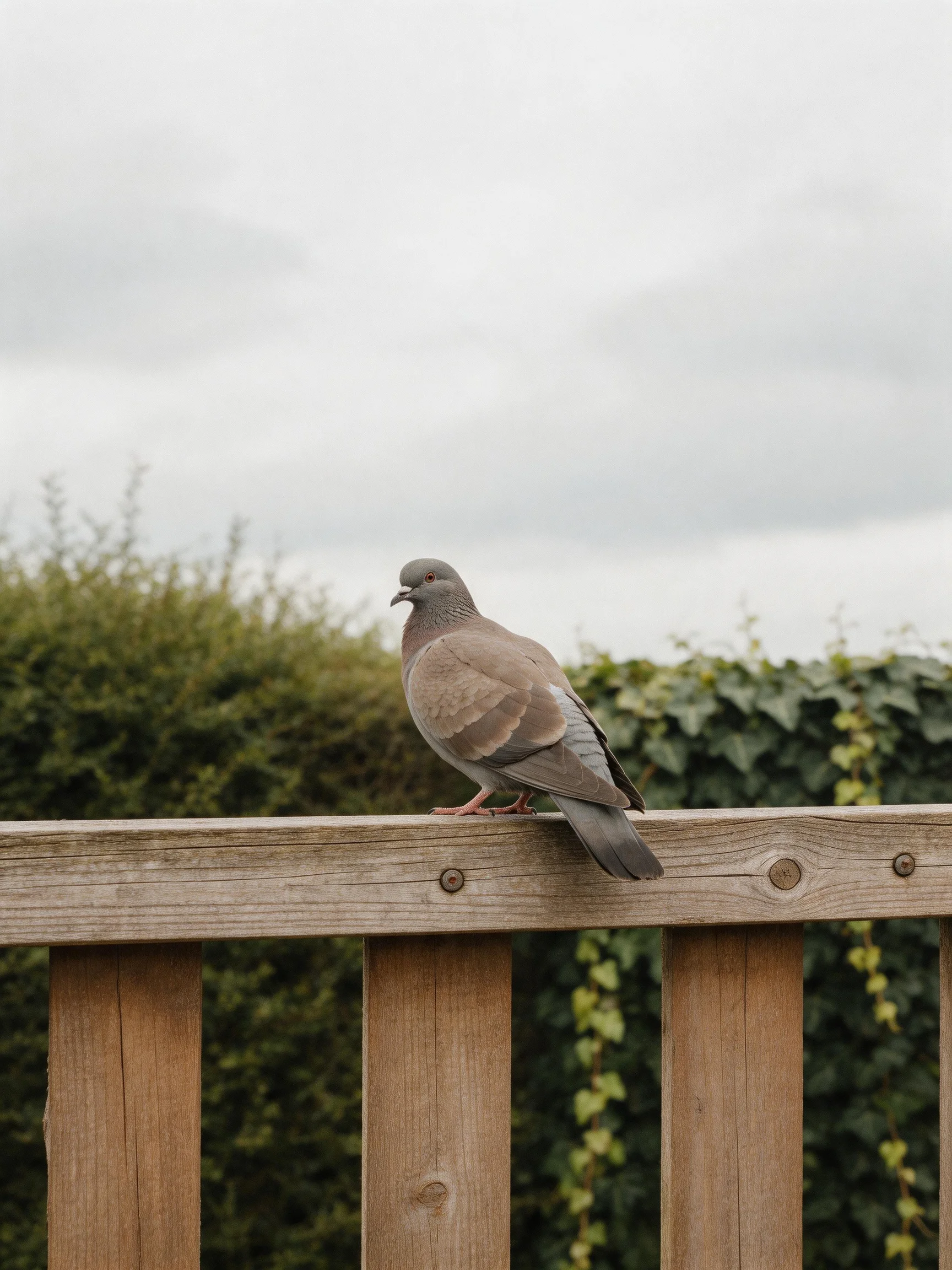 A gray pigeon sits atop a wooden fence surrounded by dense greenery.