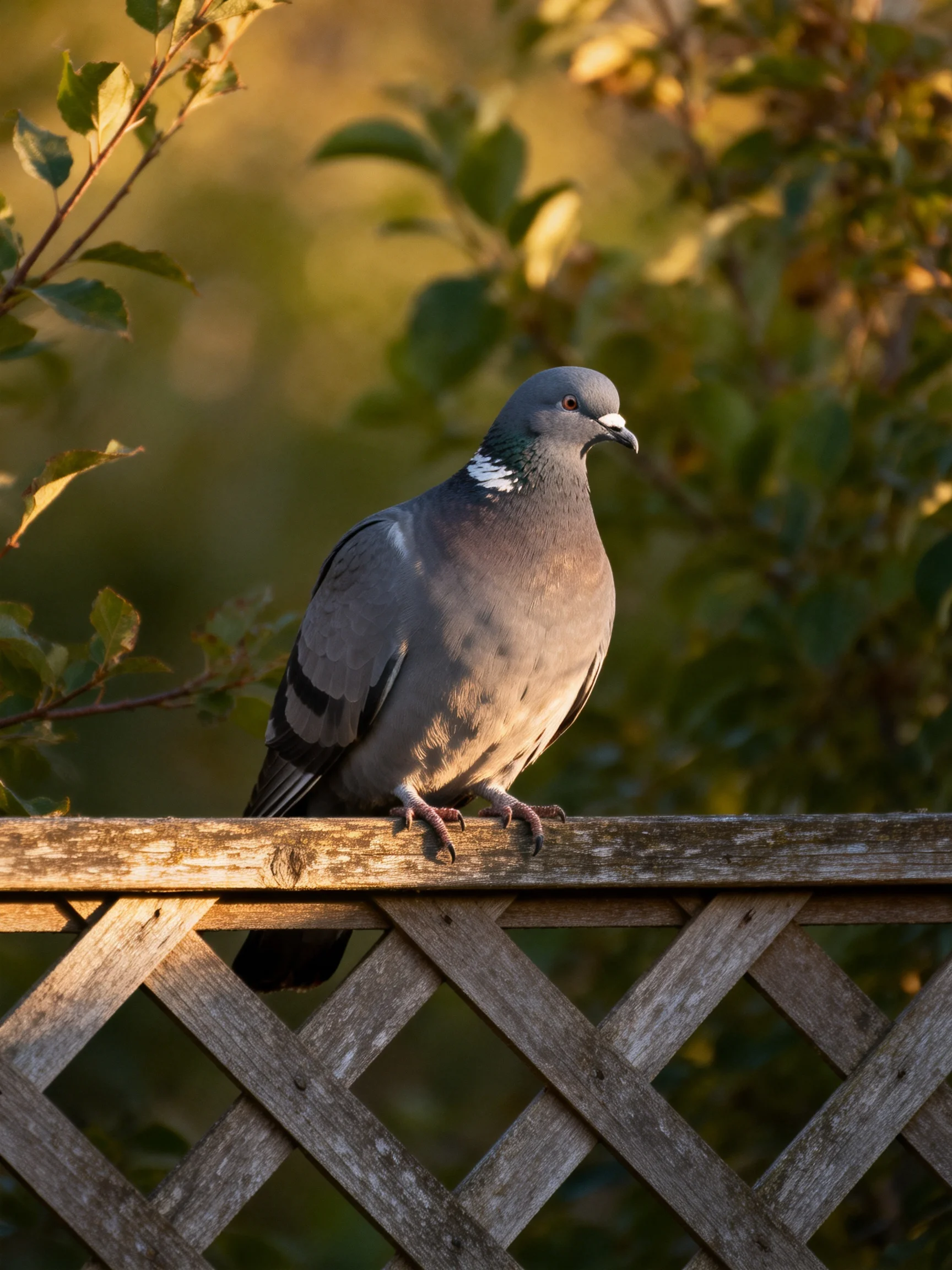 A gray pigeon sits on a weathered wooden fence with greenery in the background.