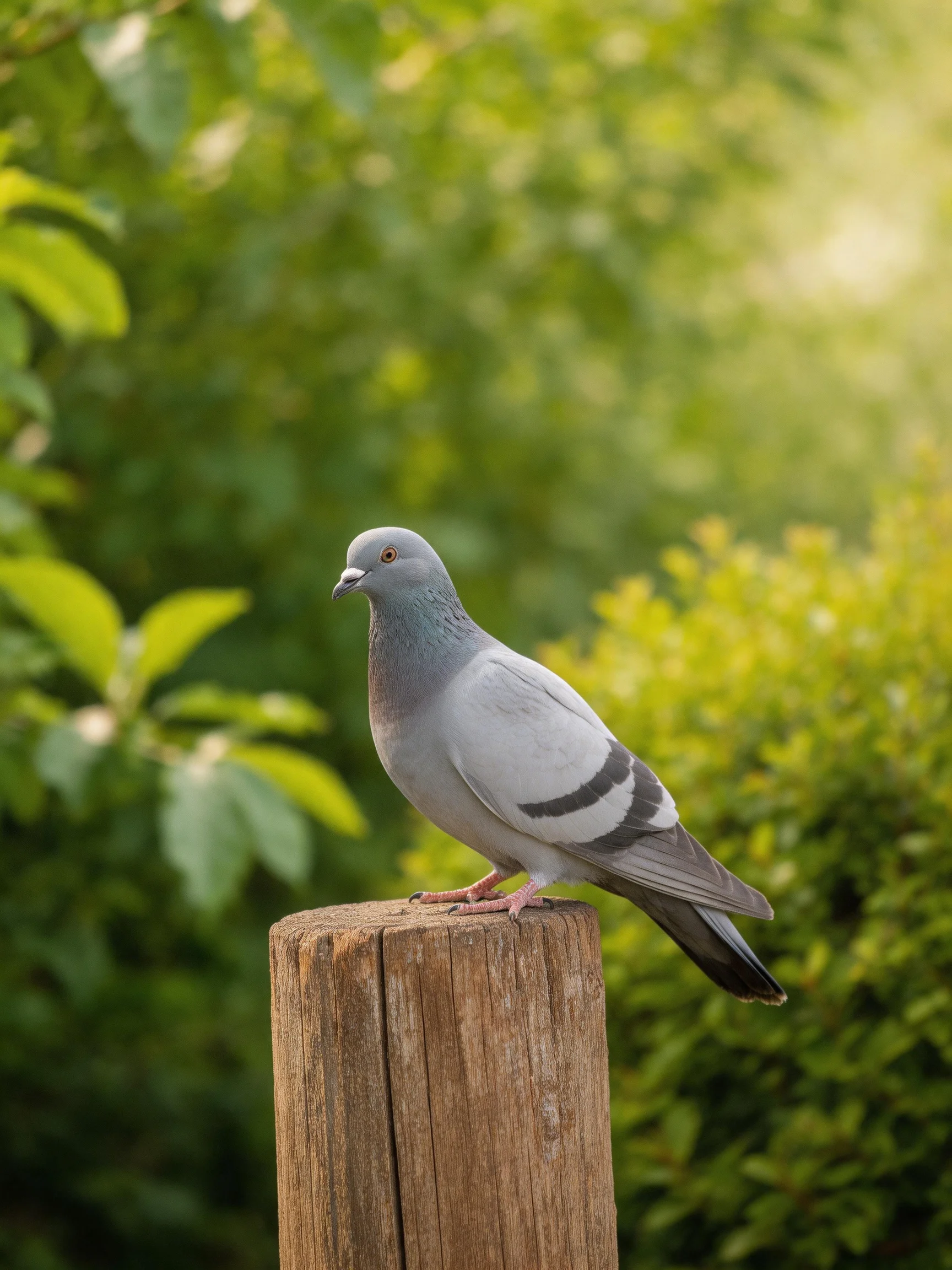 A gray pigeon rests on a wooden post in a verdant outdoor setting.