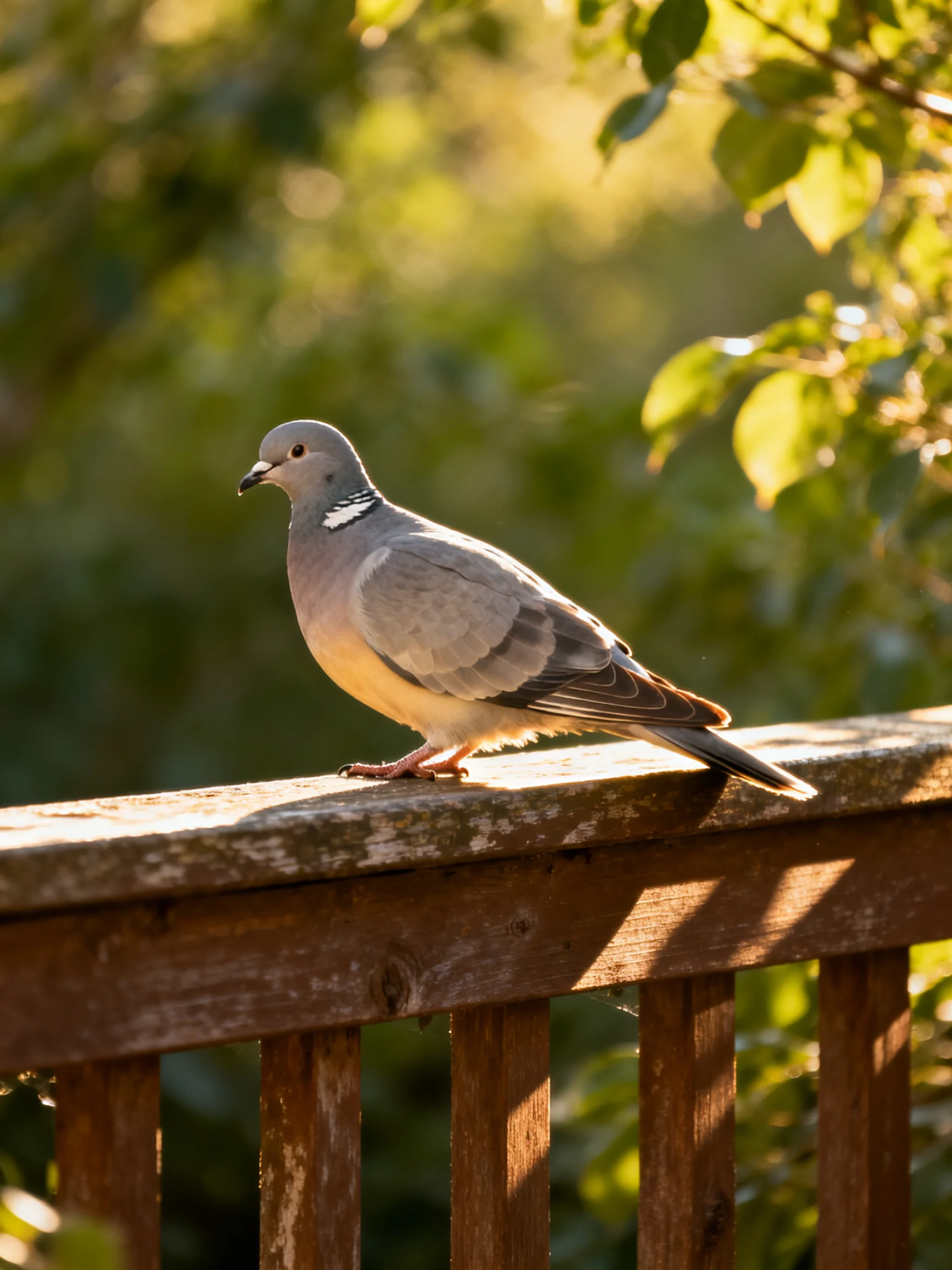 A gray pigeon perches on a weathered wooden railing amid lush greenery