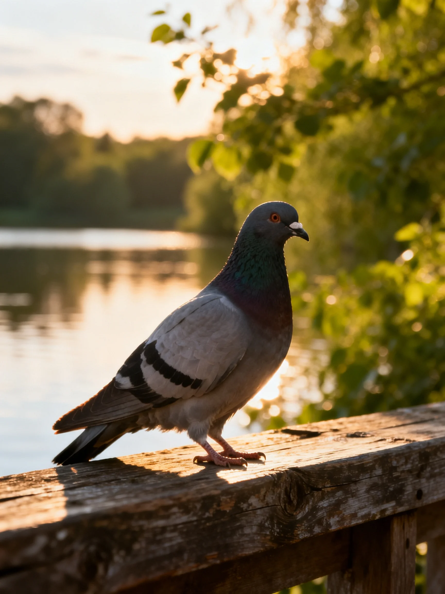 A gray pigeon perches on a weathered wooden railing by a calm lake