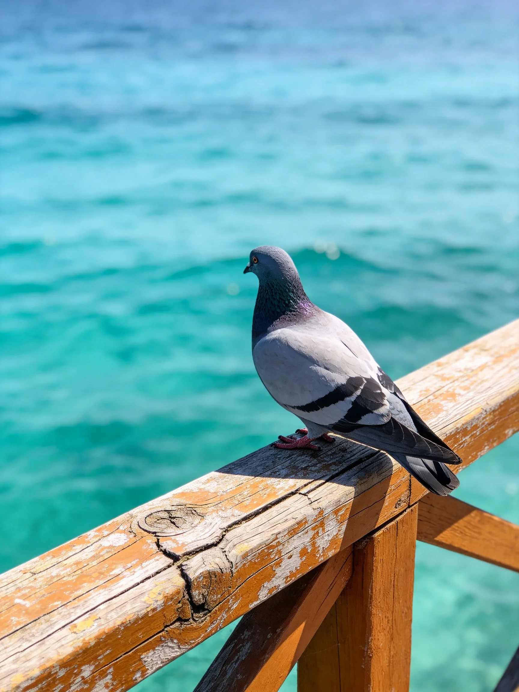 A gray pigeon sits on a wooden railing with turquoise water in the background
