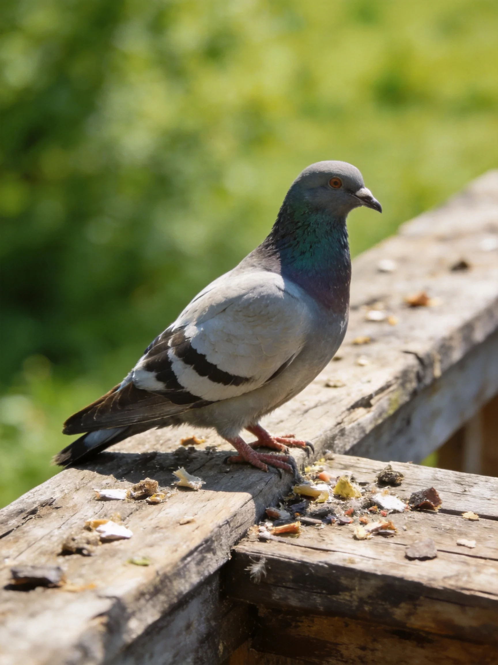 A gray pigeon perches on a weathered wooden railing with scattered crumbs