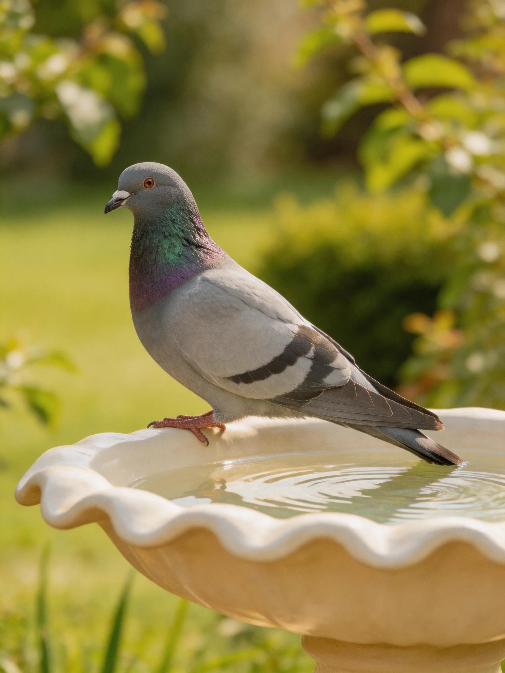 A gray pigeon perches on a white ceramic bird bath amid green foliage