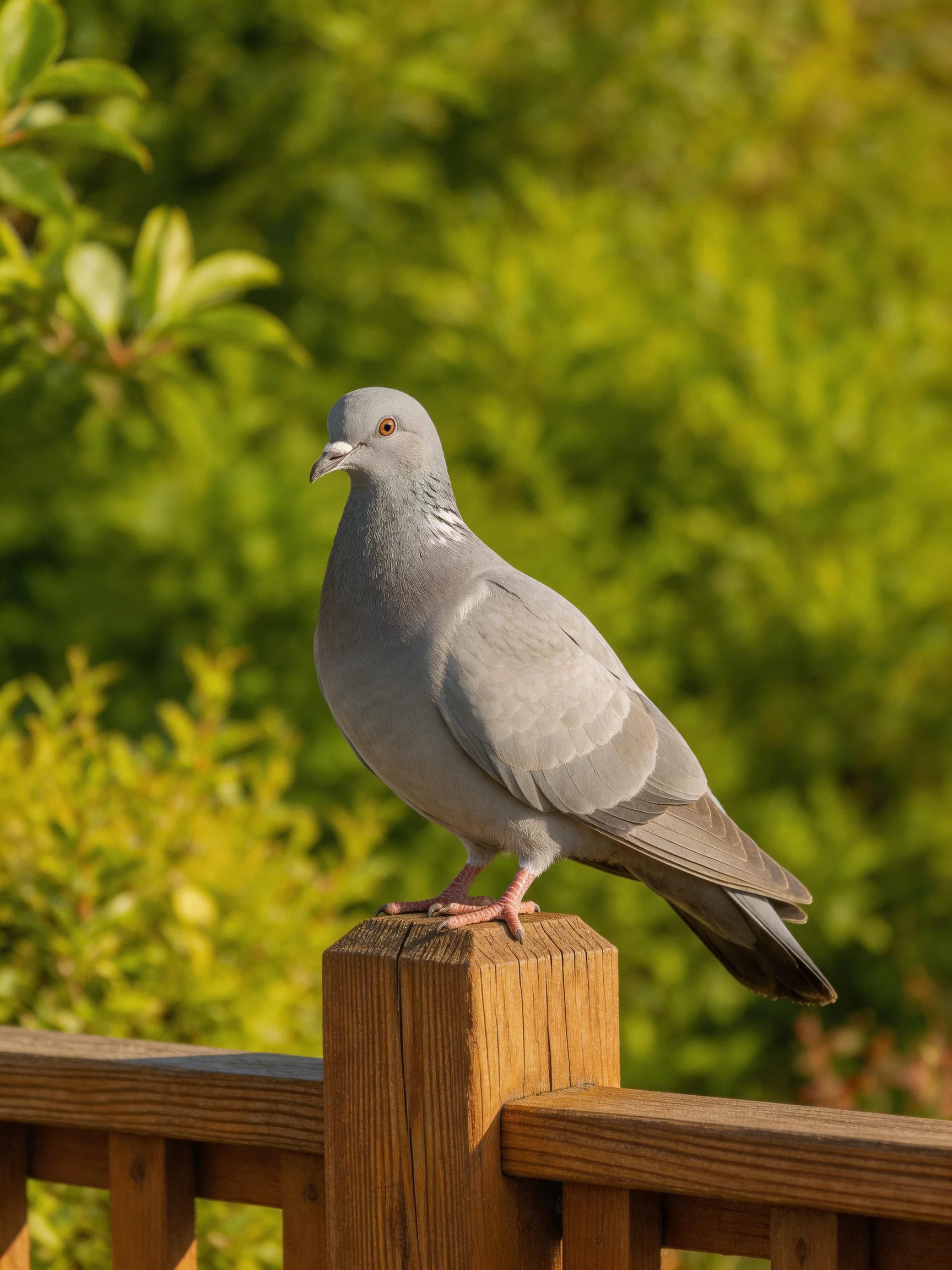 A gray pigeon perches on a wooden fence post amid lush green foliage