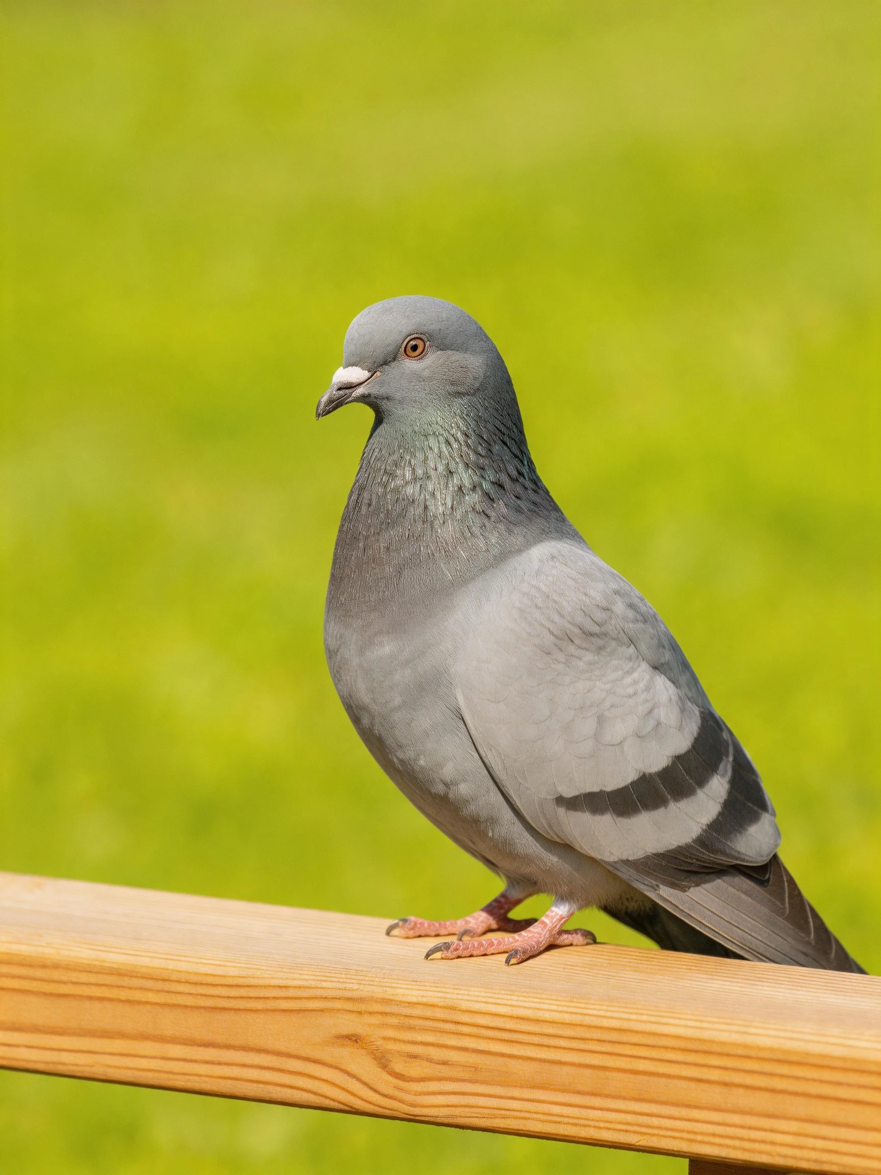 A gray pigeon perches on a wooden rail with a green blurred background