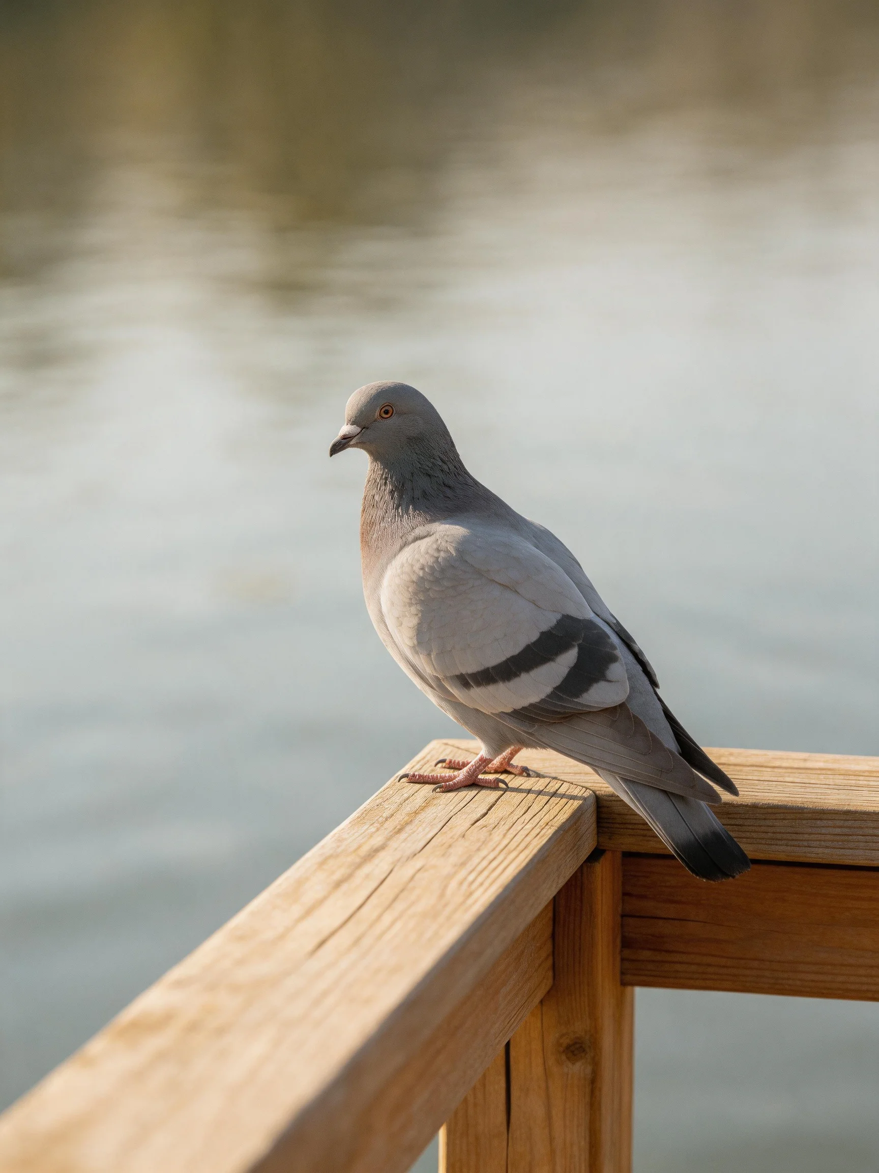 A gray pigeon perches on a wooden railing by tranquil water