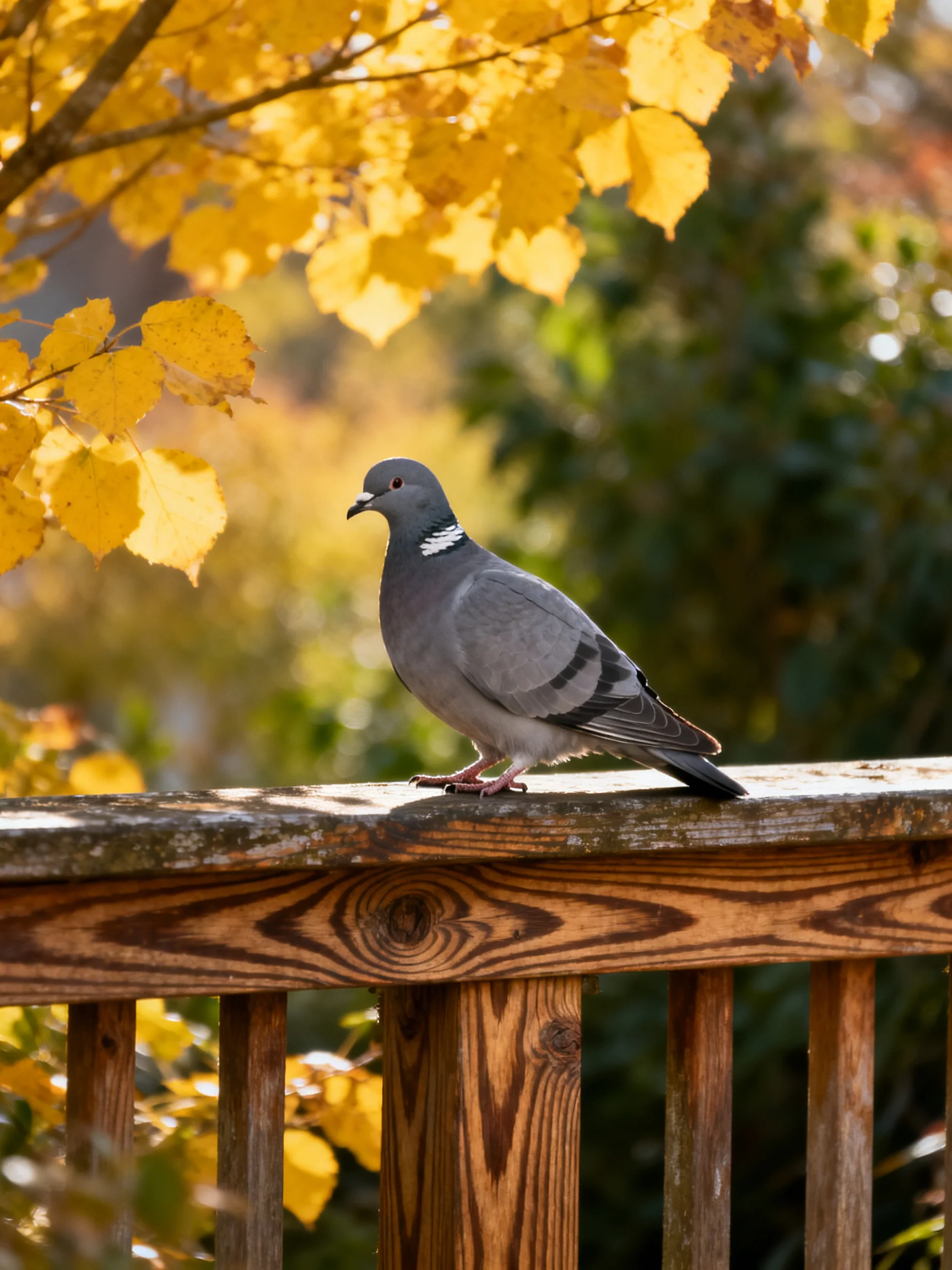 A gray pigeon perches on a wooden railing with golden autumn leaves