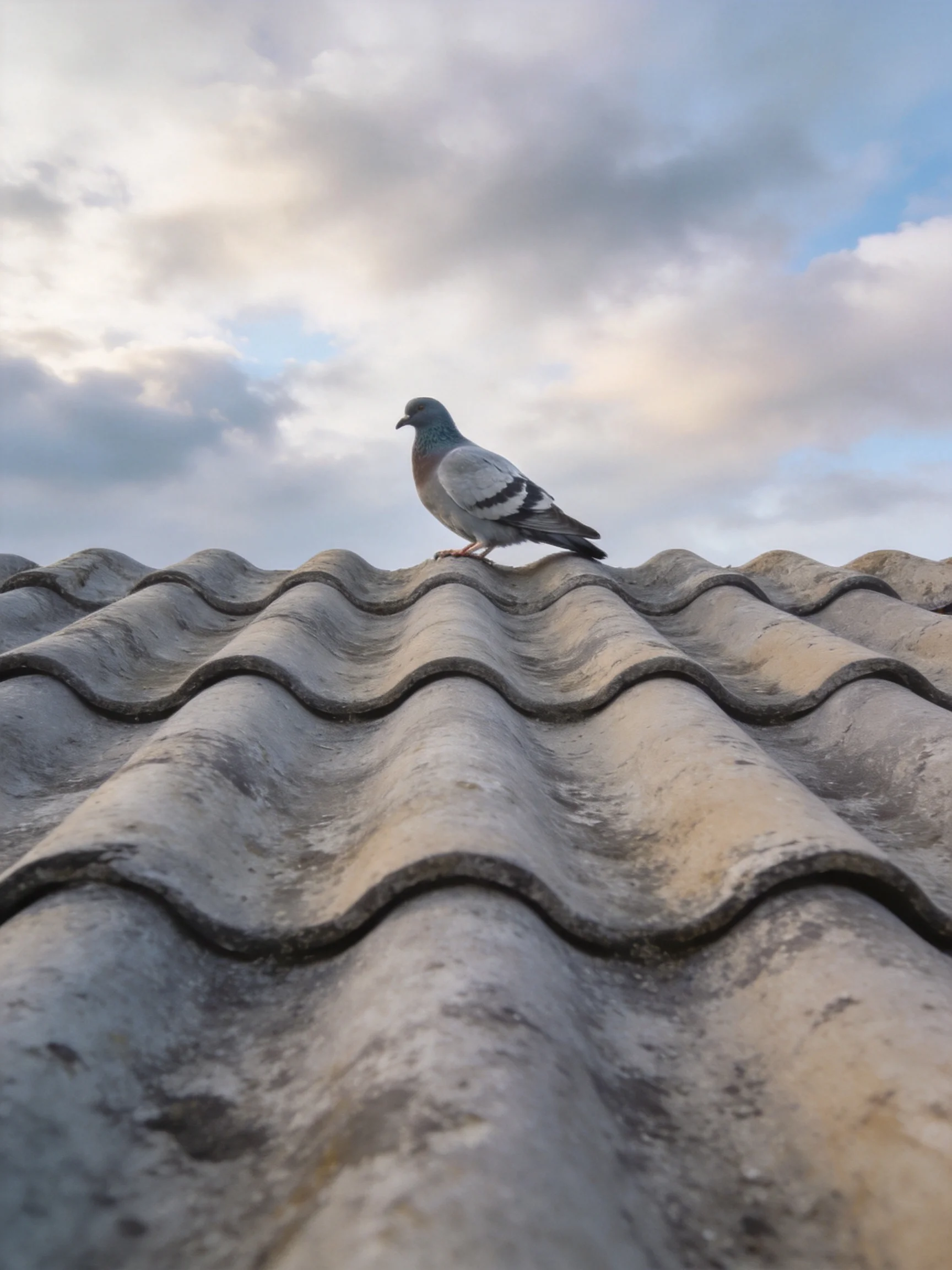 A gray pigeon perches on aged wavy roof tiles under cloudy sky