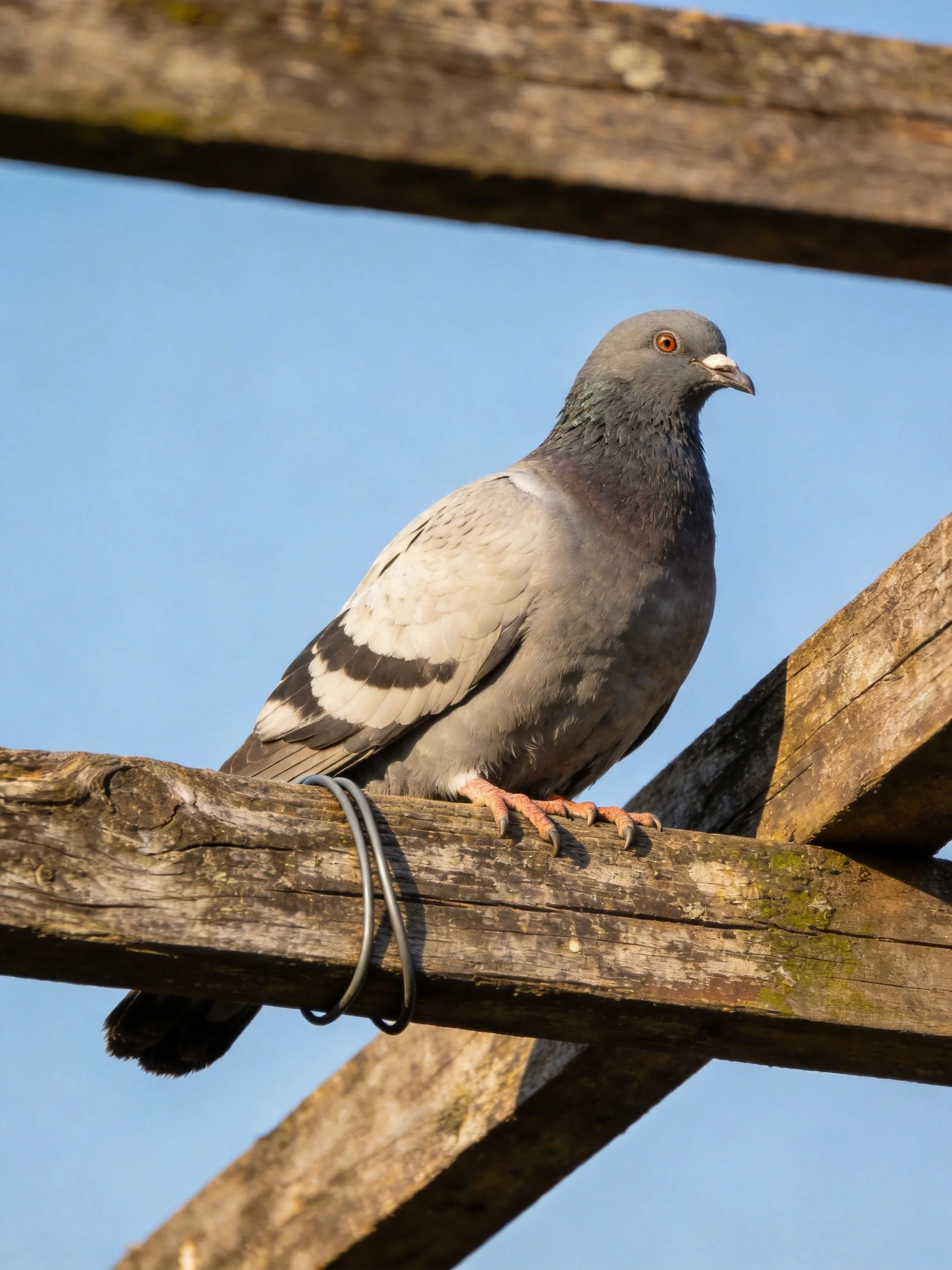 A gray pigeon perches on aged wooden beams beneath clear blue sky
