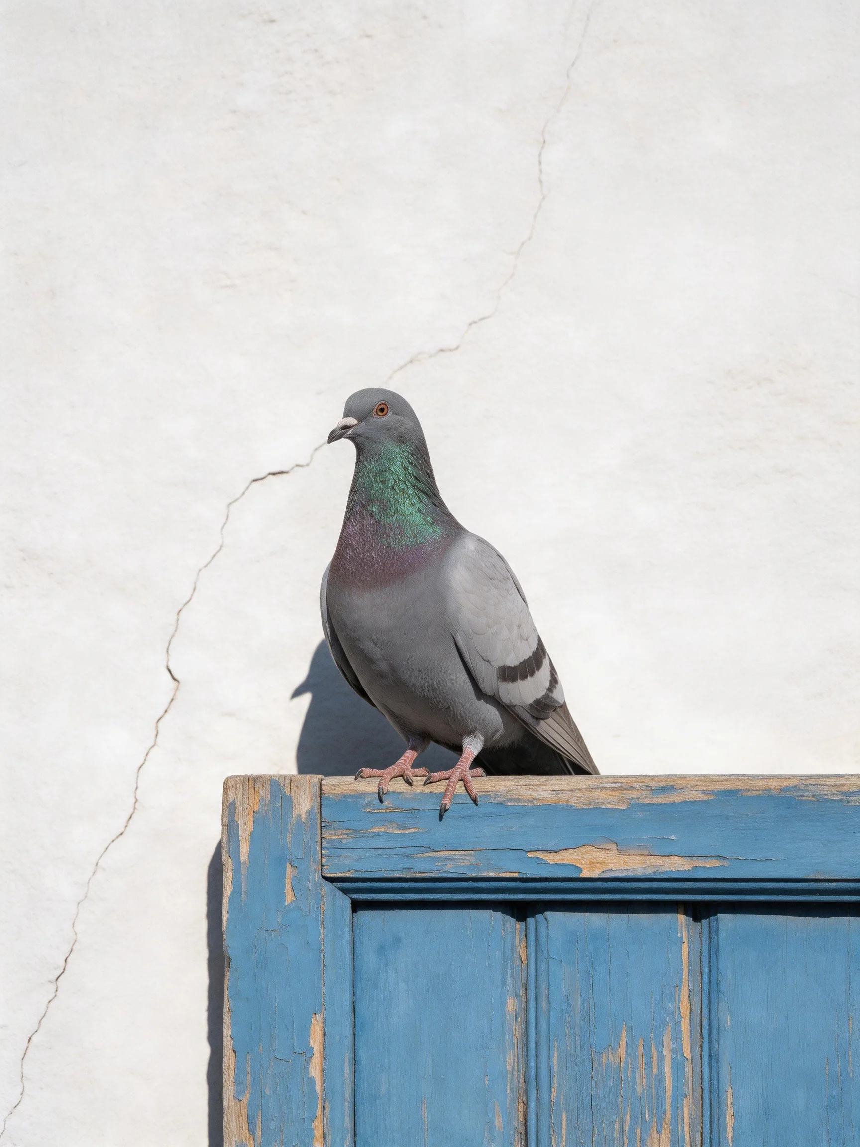 A gray pigeon perches on an aged blue wooden ledge near a cracked white wall