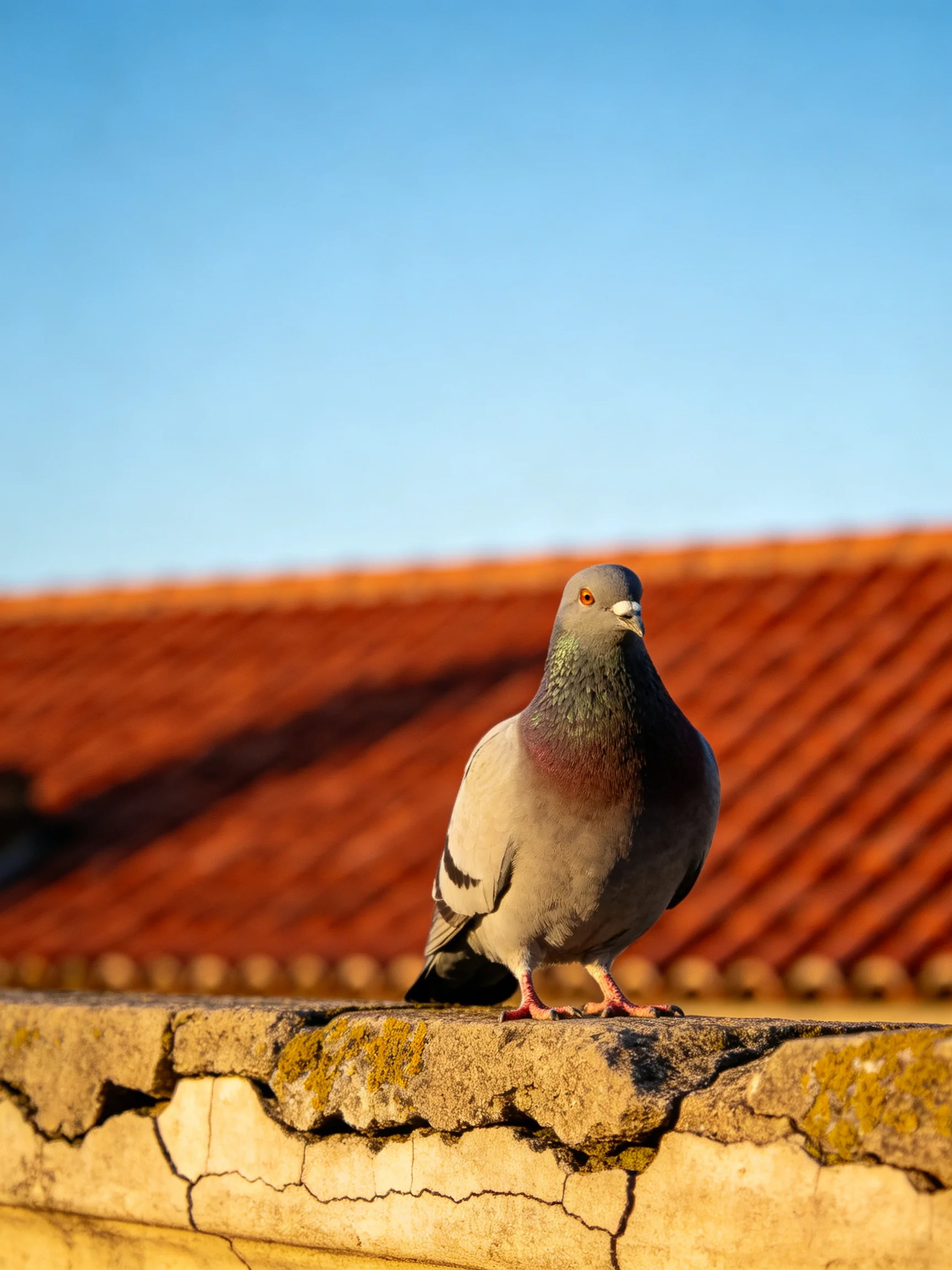 A gray pigeon perches on an aged stone ledge near terracotta rooftops