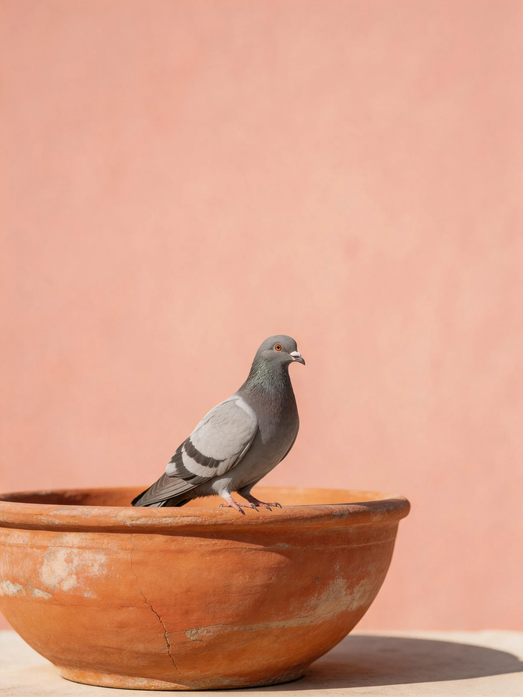 A gray pigeon perches on an aged terracotta bowl against a pink wall