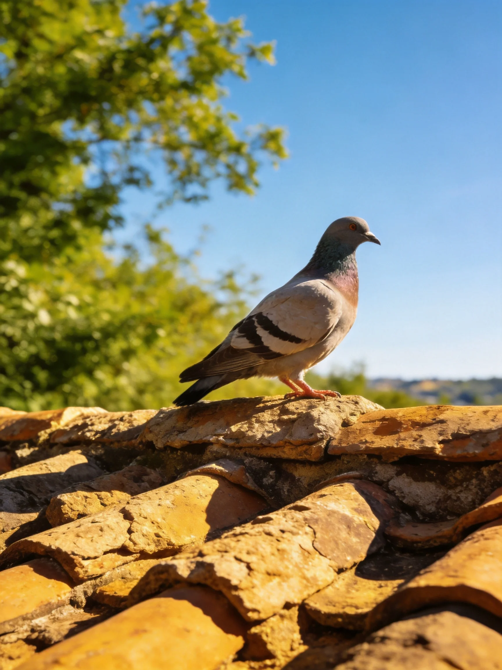 A gray pigeon perches on an aged terracotta-tiled roof