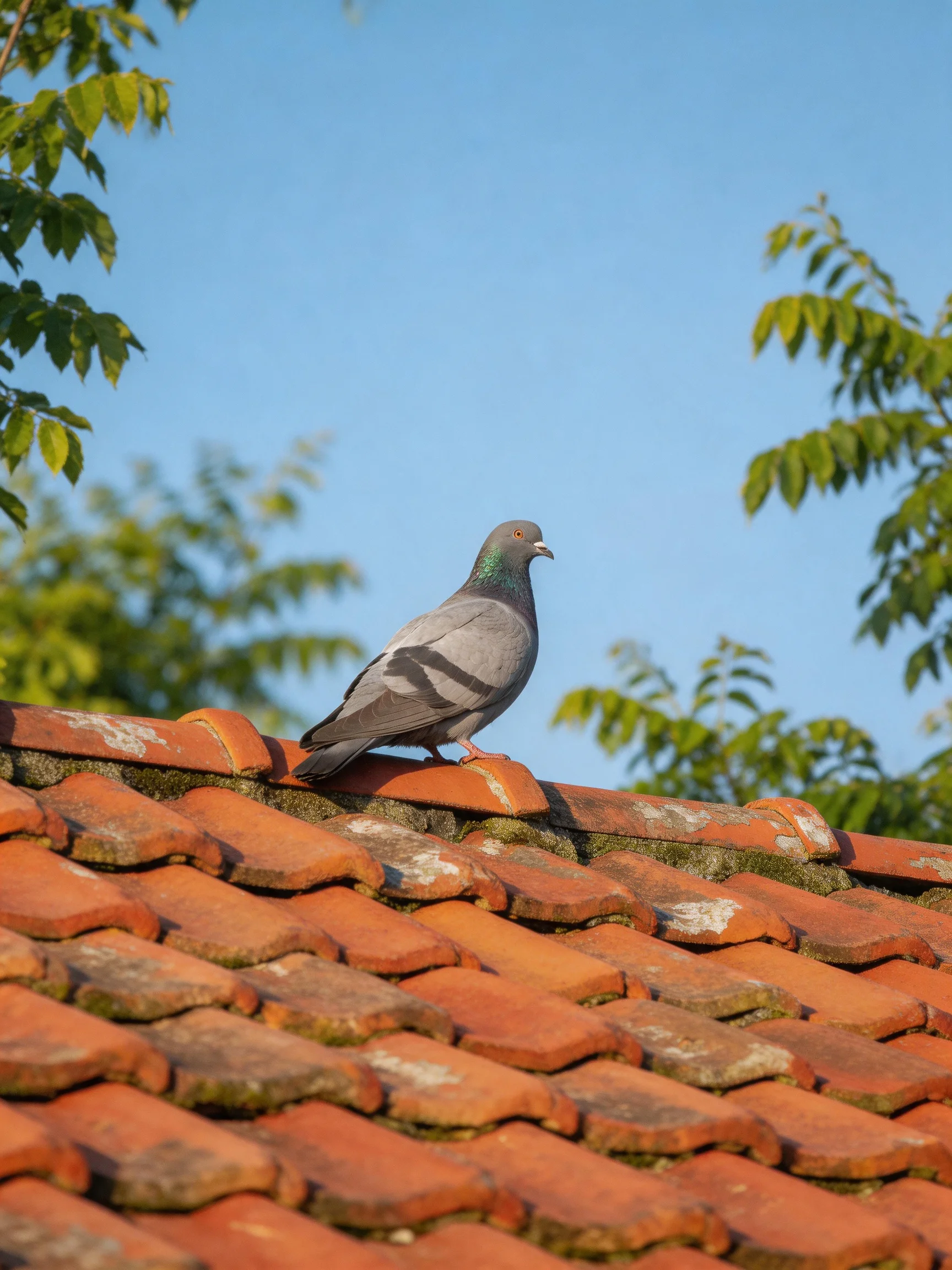 A gray pigeon perches on an aged terracotta-tiled roof with green foliage