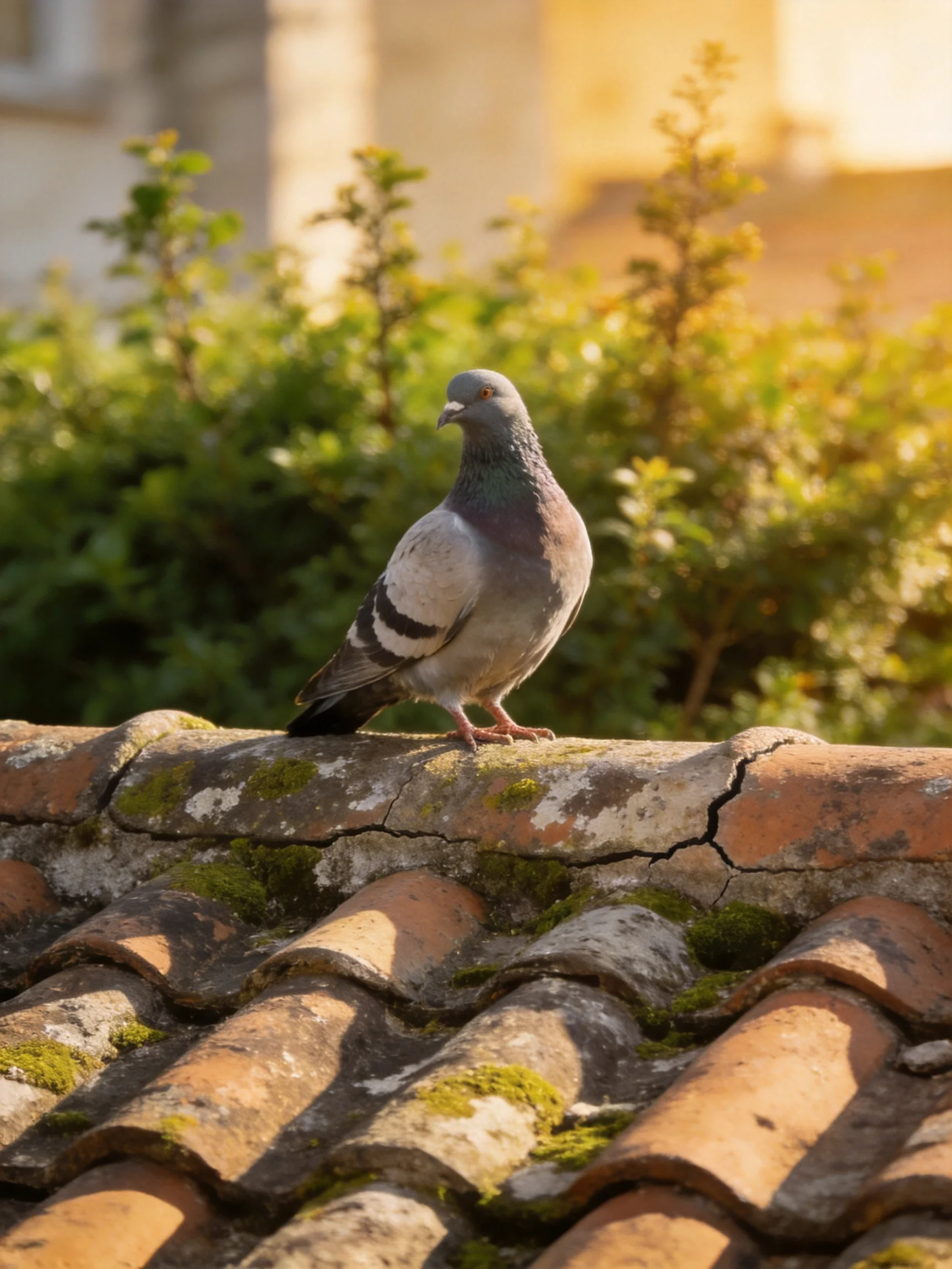 A gray pigeon perches on an aged terracotta-tiled roof with moss