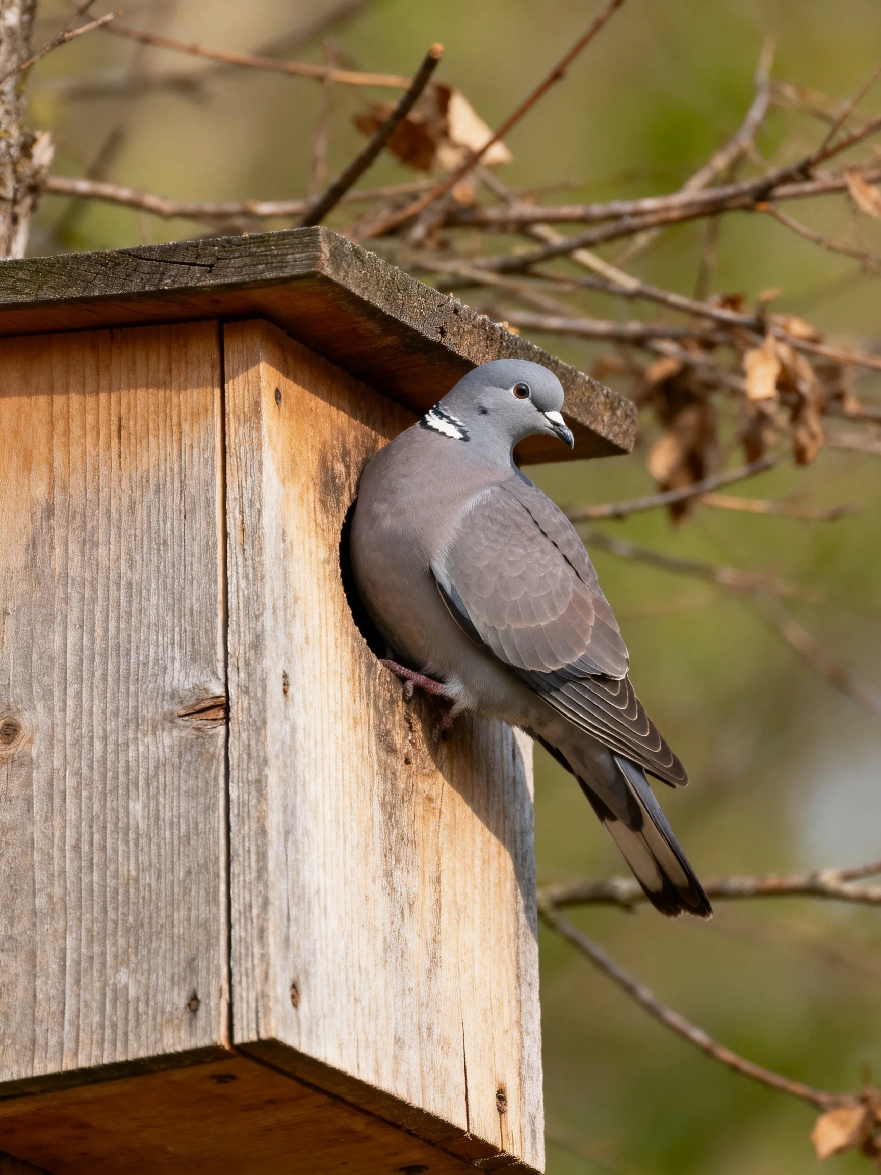 A gray pigeon perches on an aged wooden birdhouse amid bare branches
