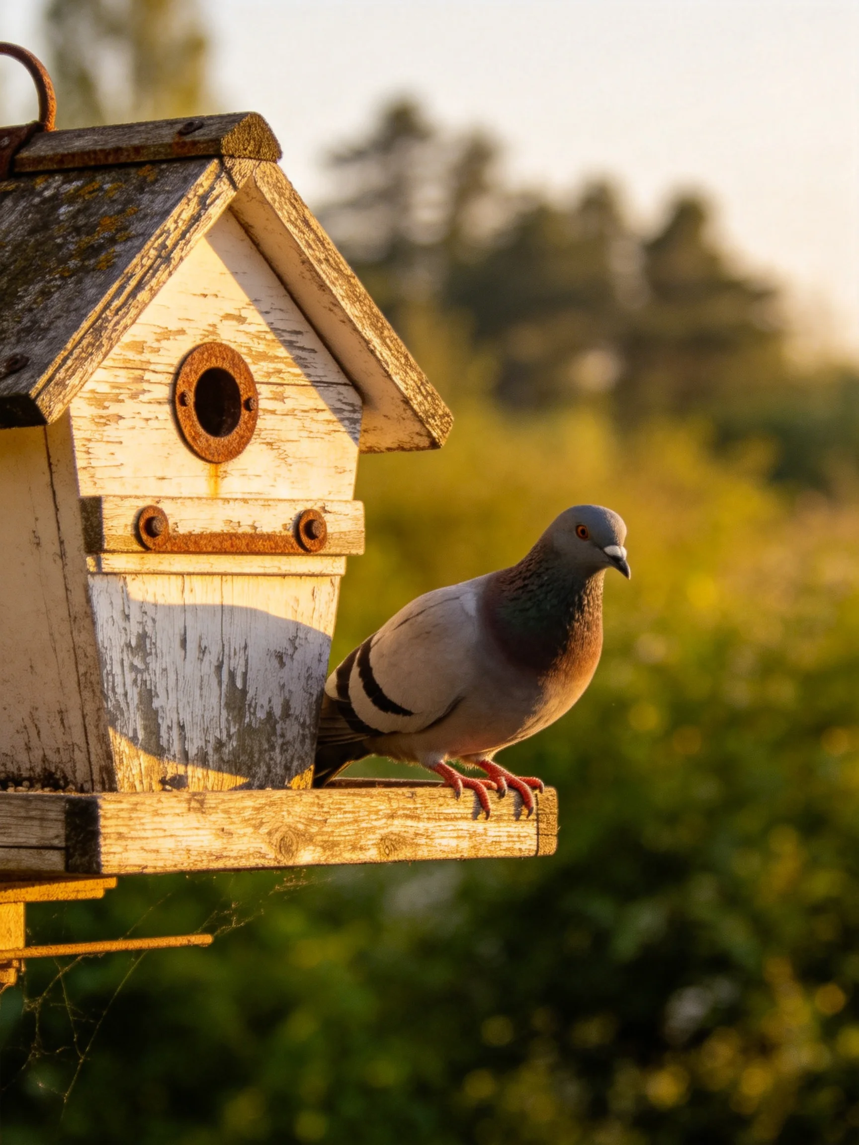 A gray pigeon perches on an aged wooden birdhouse near greenery