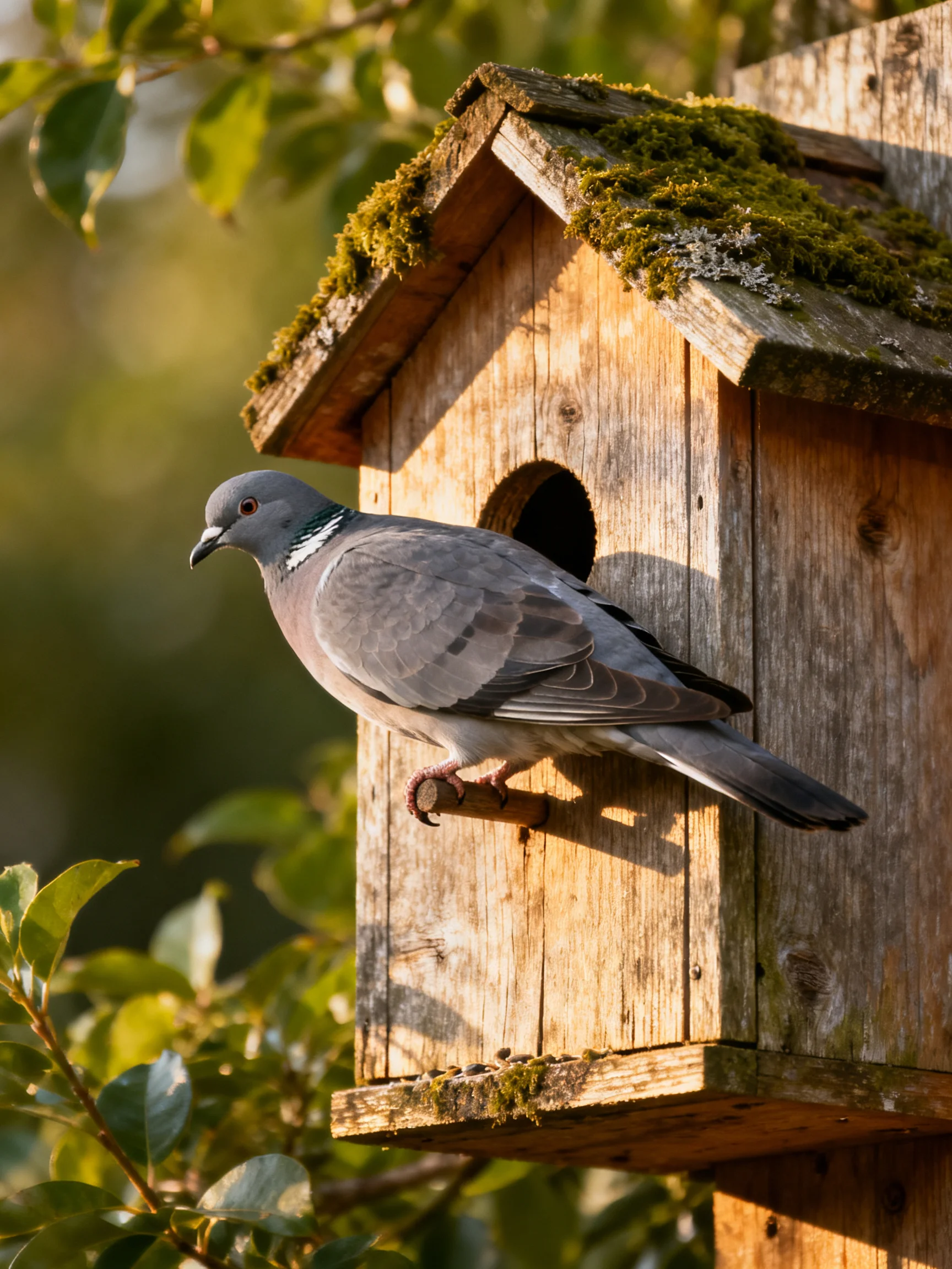 A gray pigeon perches on an aged wooden birdhouse with moss