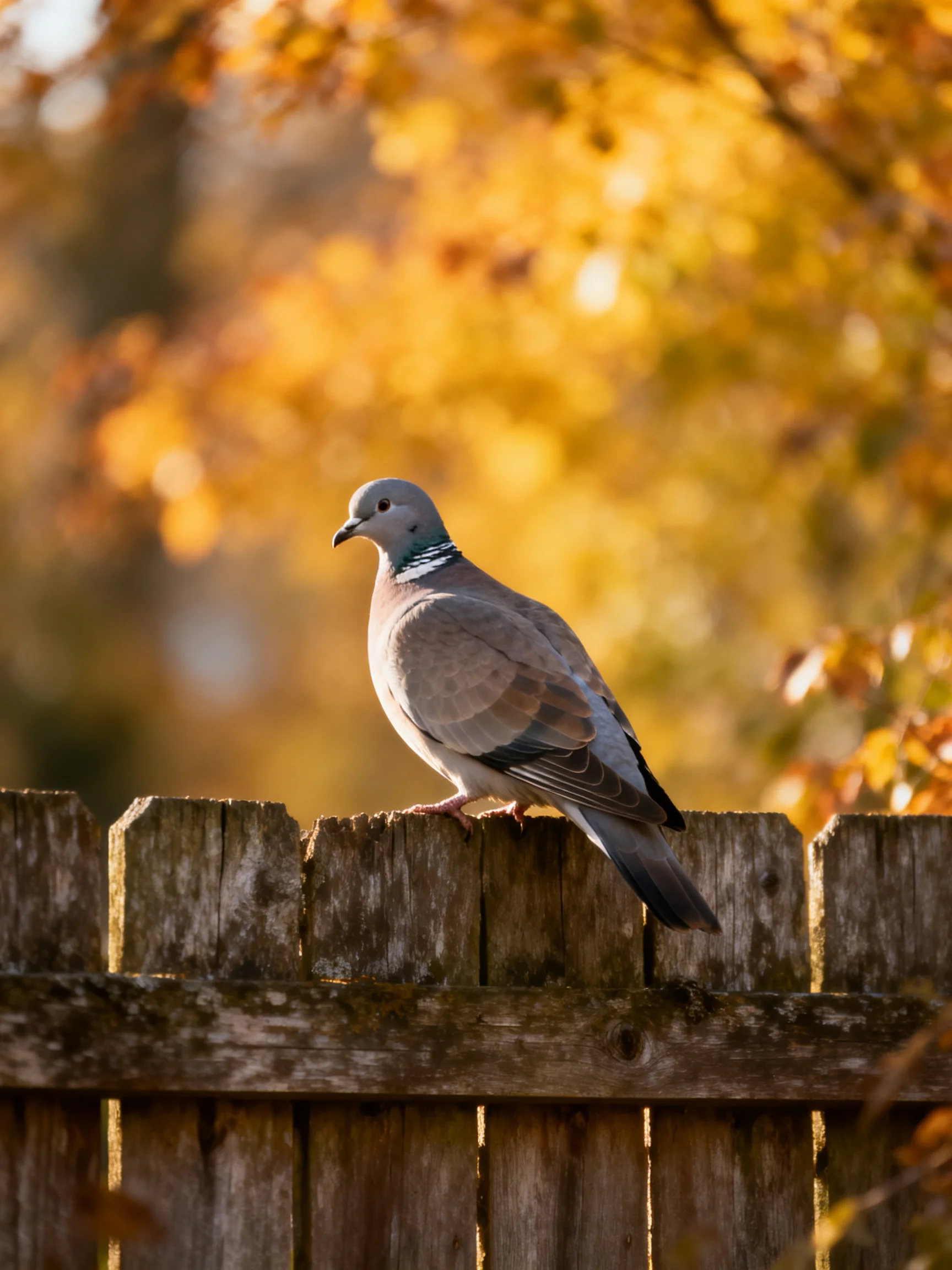 A gray pigeon perches on an aged wooden fence amid golden autumn leaves
