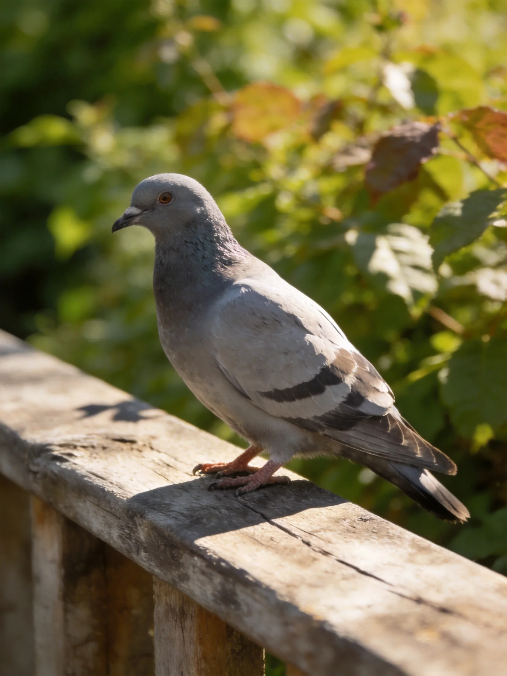 A gray pigeon perches on an aged wooden railing beside lush green foliage