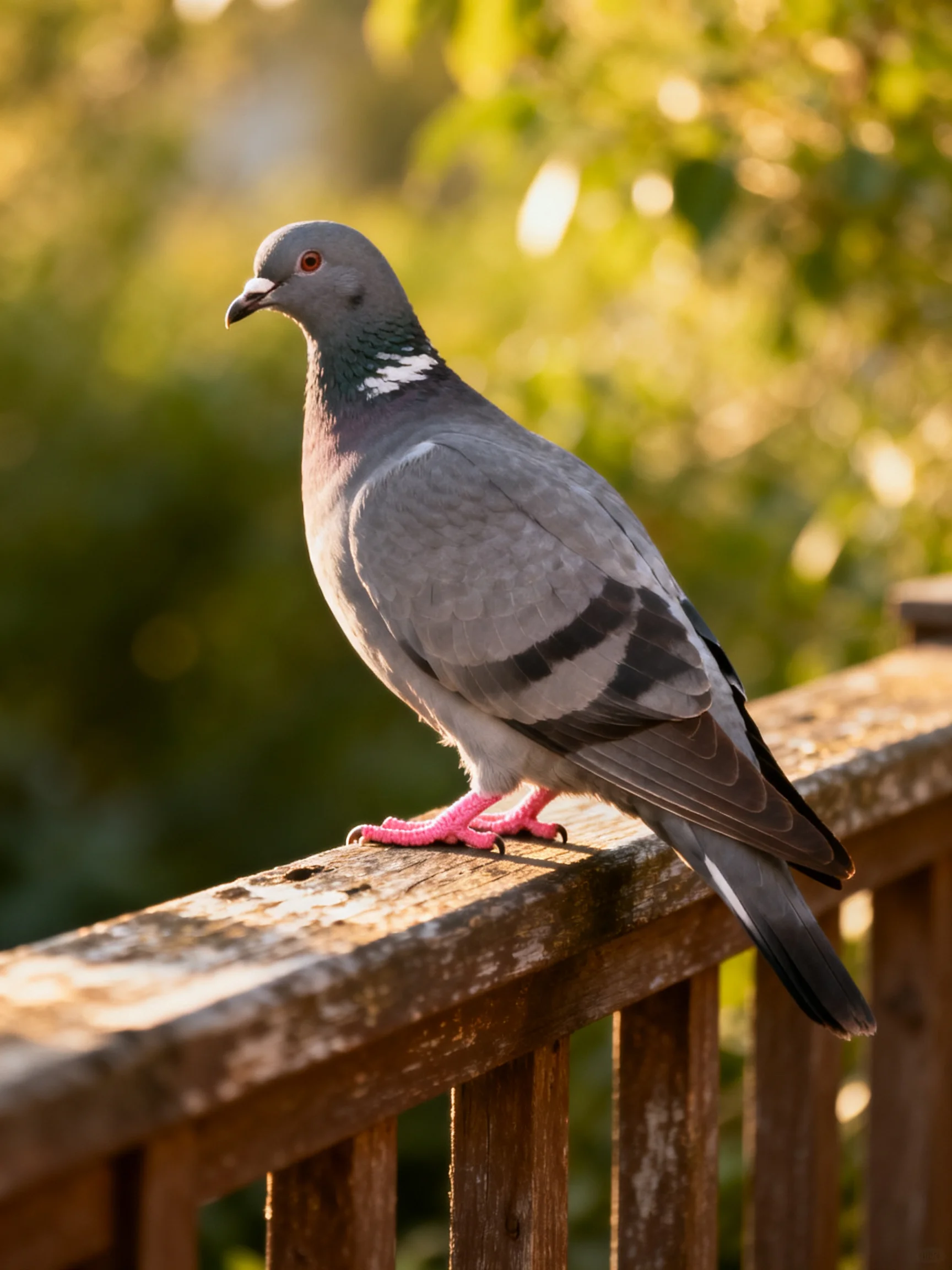 A gray pigeon perches on an aged wooden railing with green foliage