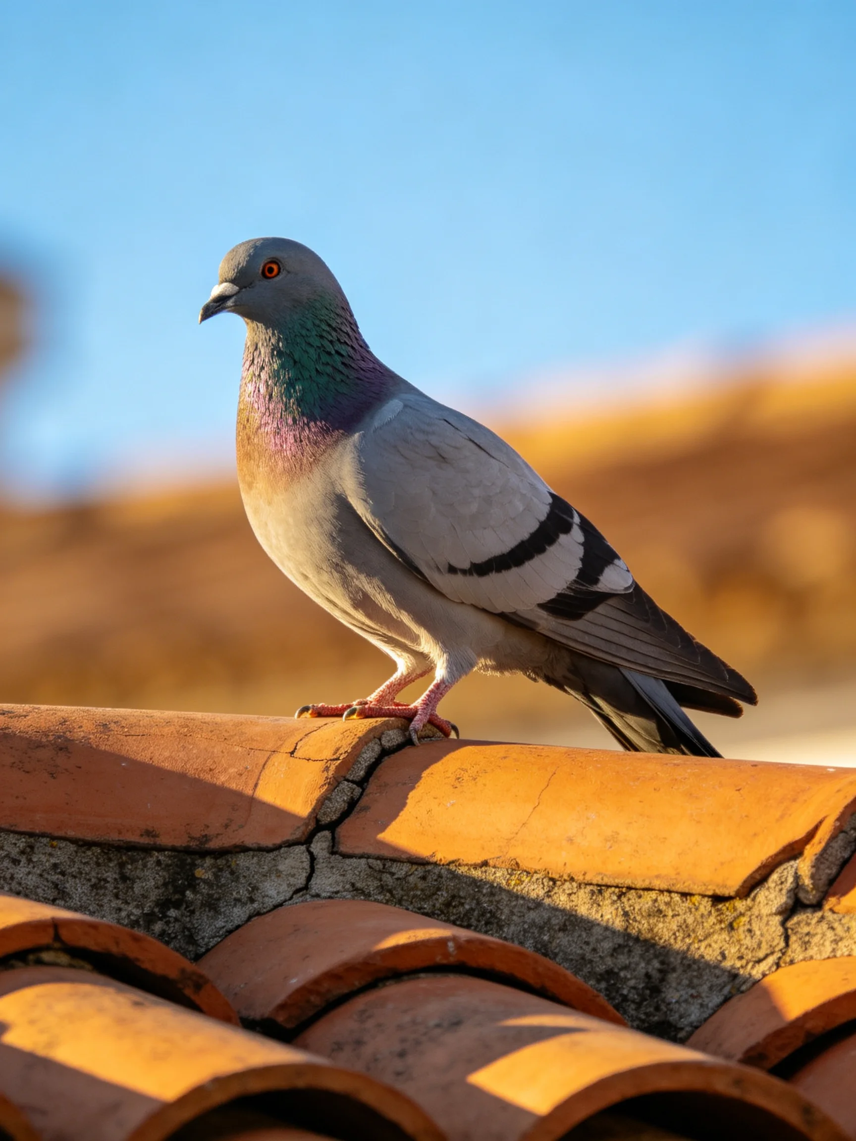 A gray pigeon sits atop an orange-tiled roof under a clear blue sky.