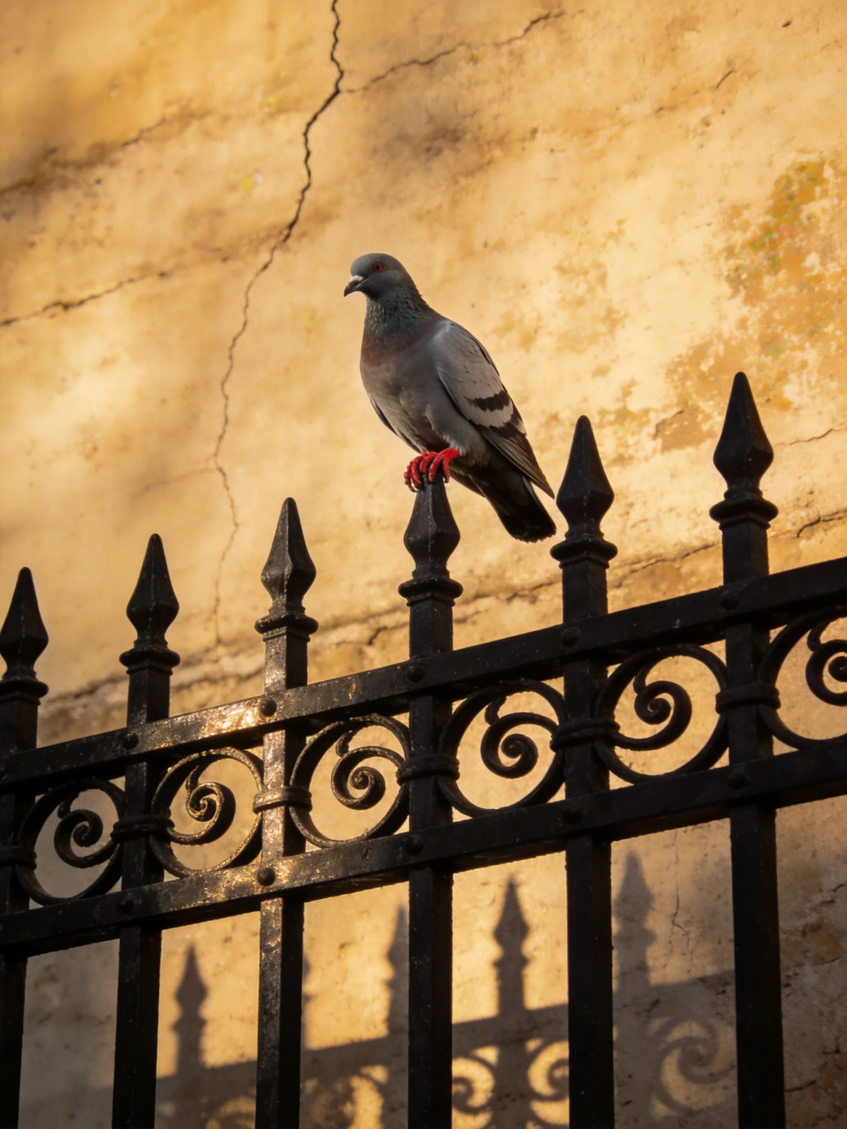 A gray pigeon perches on an ornate black iron fence against a weathered yellow wall