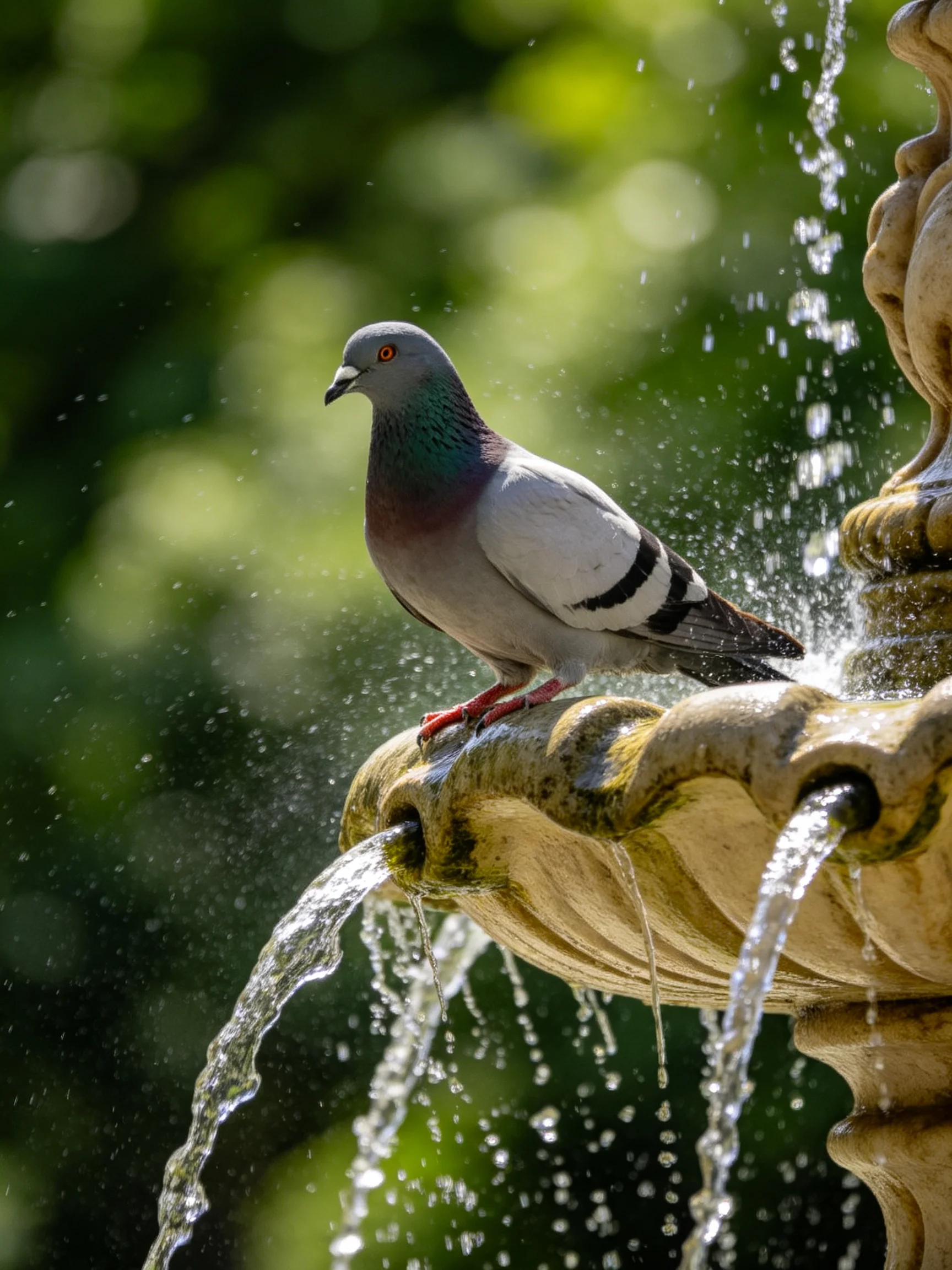 A gray pigeon perches on an ornate stone fountain with cascading water