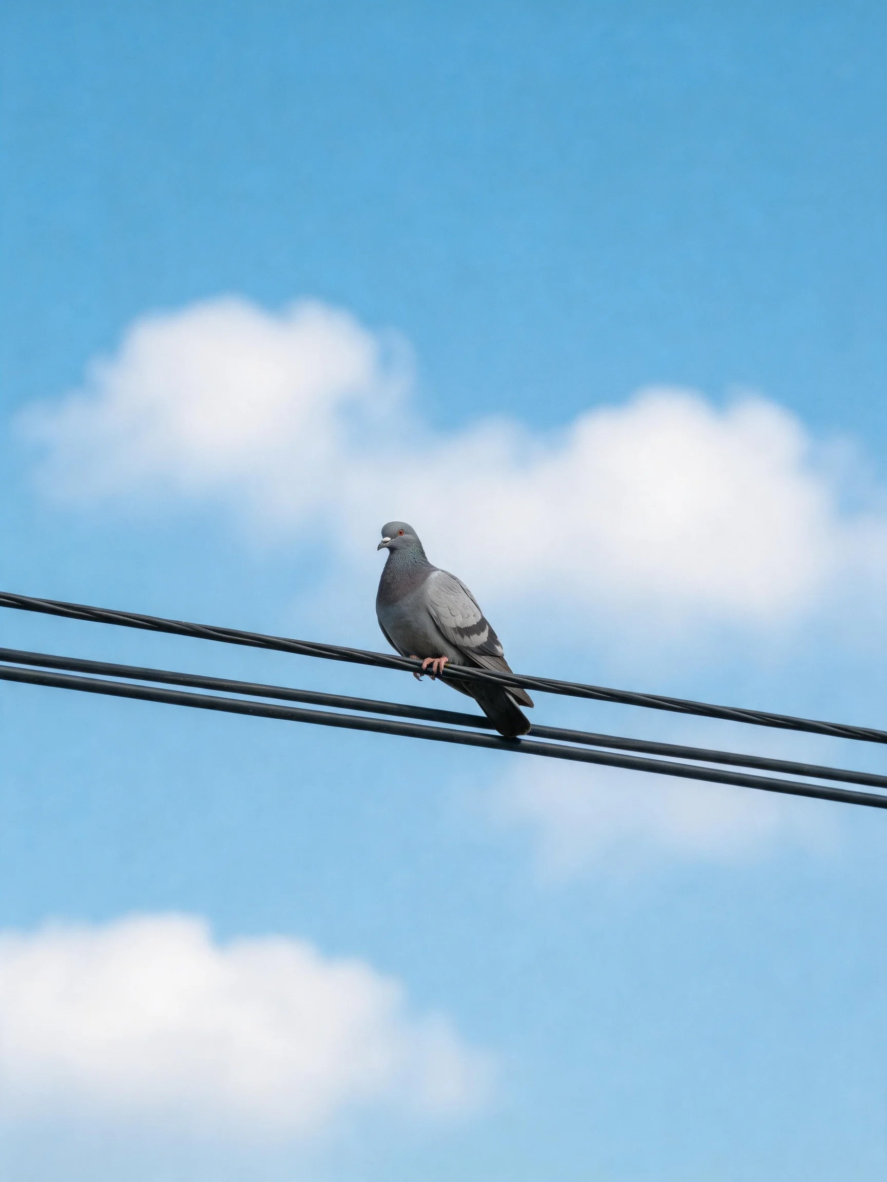 A gray pigeon rests on electrical wires under a bright blue sky with clouds