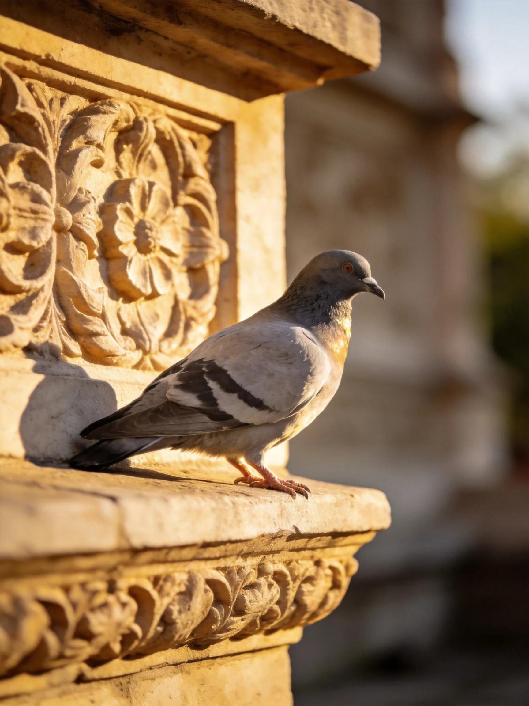 A gray pigeon perches on intricately carved stone architecture