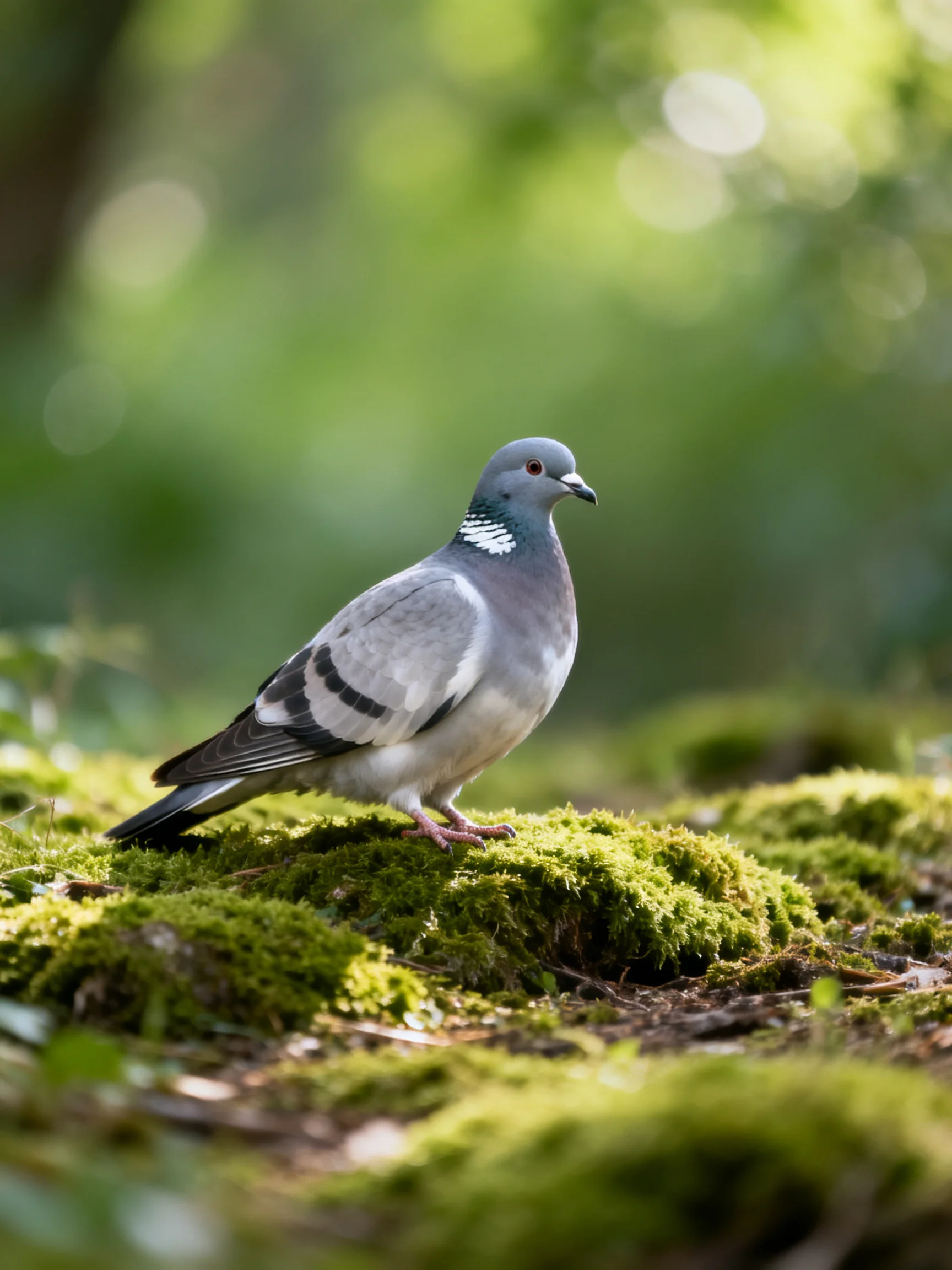 A gray pigeon rests on mossy ground in a sun-dappled forest