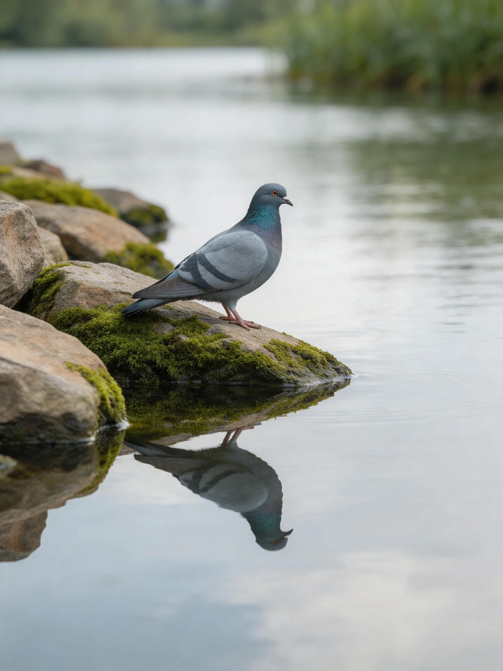 A gray pigeon perches on moss-covered rocks beside calm water